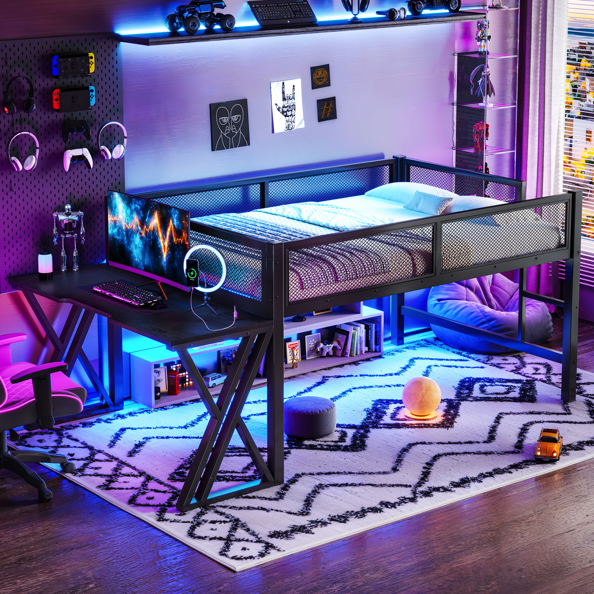 Full Size Gaming Loft Bed With Desk Of X-shaped Leg ,LED Lights, USB Ports, Staircase & Mesh Guardrail - Black Metal Frame, Space-Saving Elevated Bed For Dorms, Bedrooms, & Gaming Setups