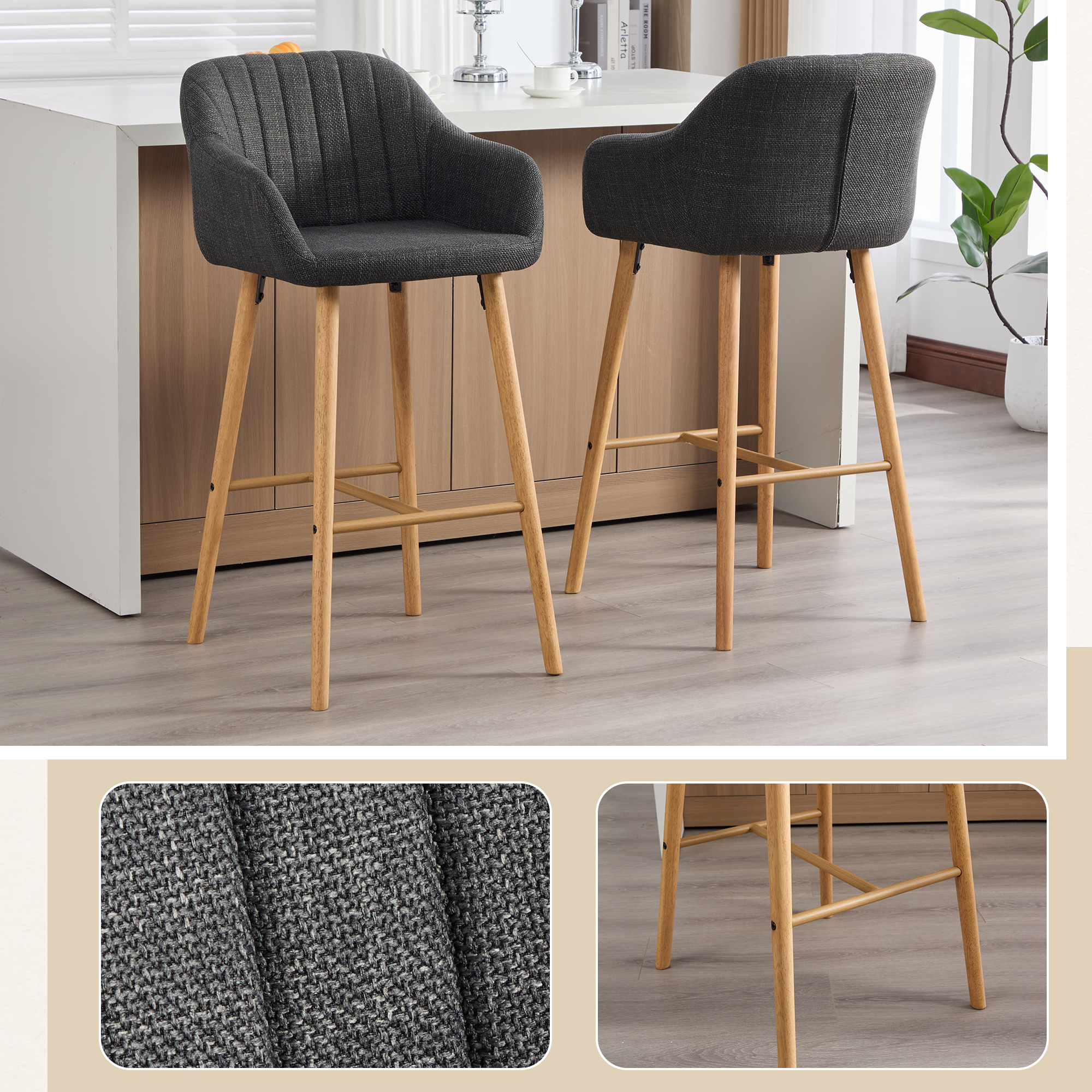 Modern Bar Stools Set Of 2, Kitchen Island Tall Chairs With Back, Arm, Footrest And Solid Wood Leg, Linen Fabric Upholstered Bar Stools