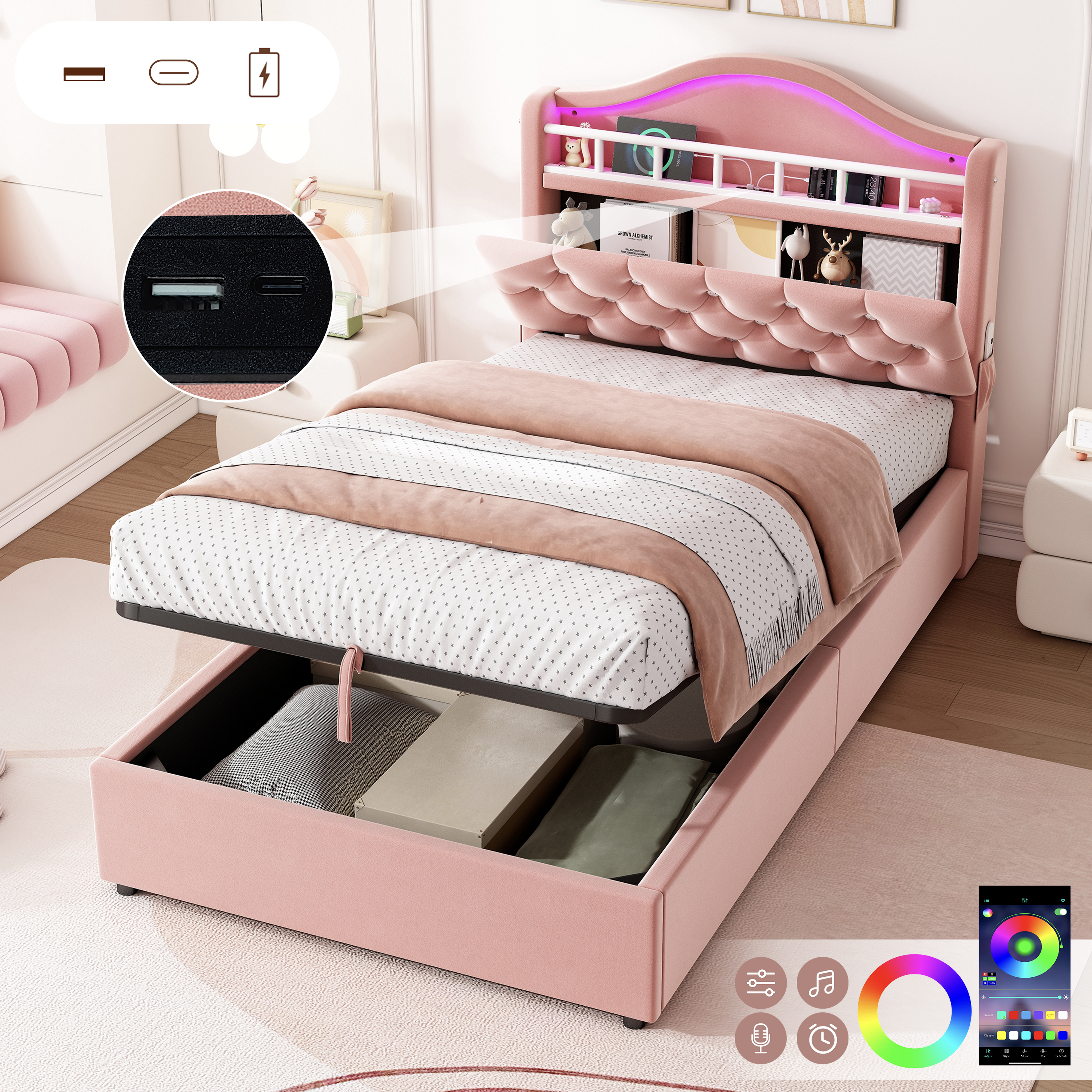 3ft Single Hydraulic Bed In Velvet, LED Bed Frame With Charging Station & Diamond Tufted Headboard, Multi-zone Storage, Solid & Stable Base,   No Mattress
