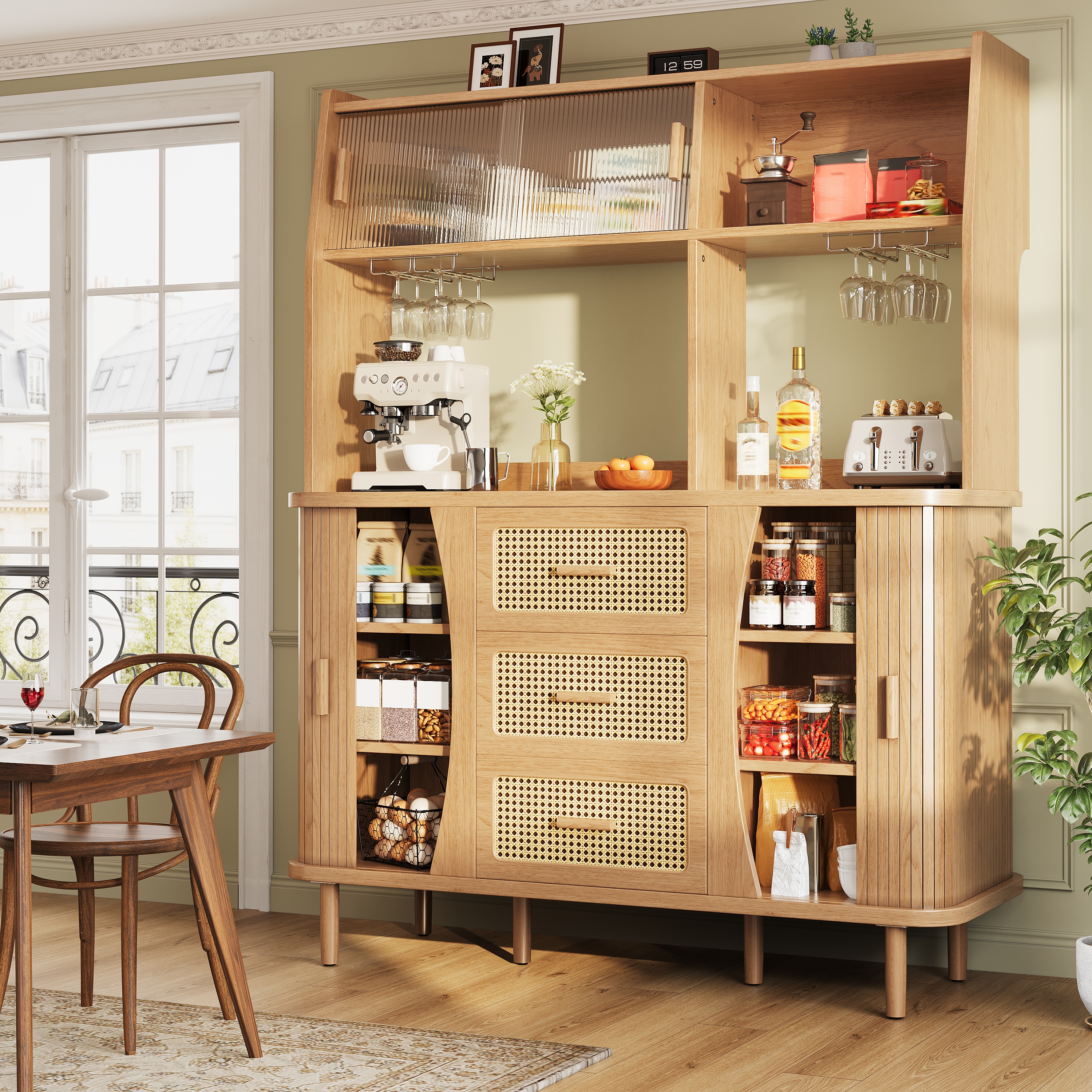 High- Sideboard With Rattan Look And Glass Sliding Doors, 174.5 Cm Kitchen — image 5