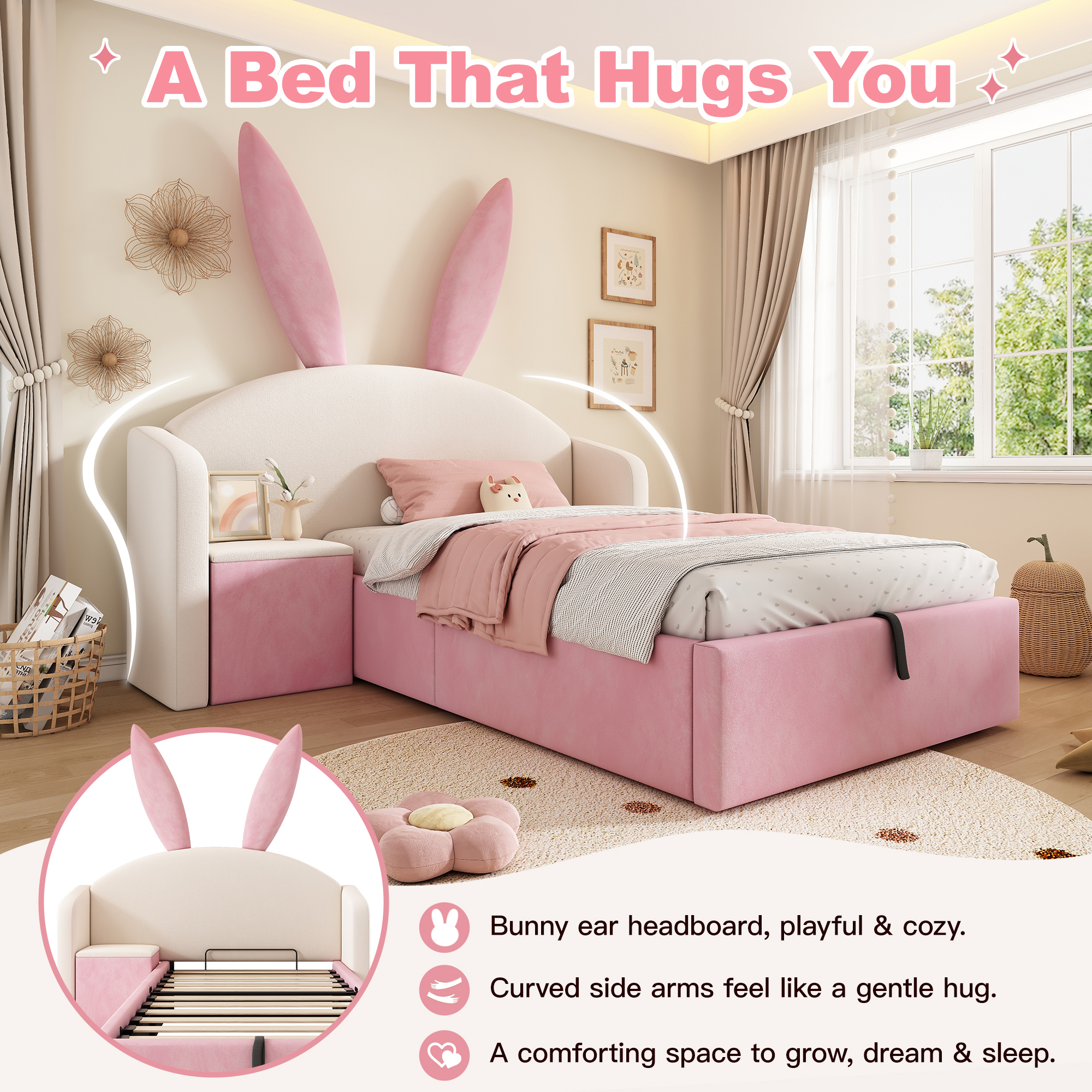 Bunny Ears Kids Bed, Single Upholstered With Hydraulic Storage & Nightstand — image 5