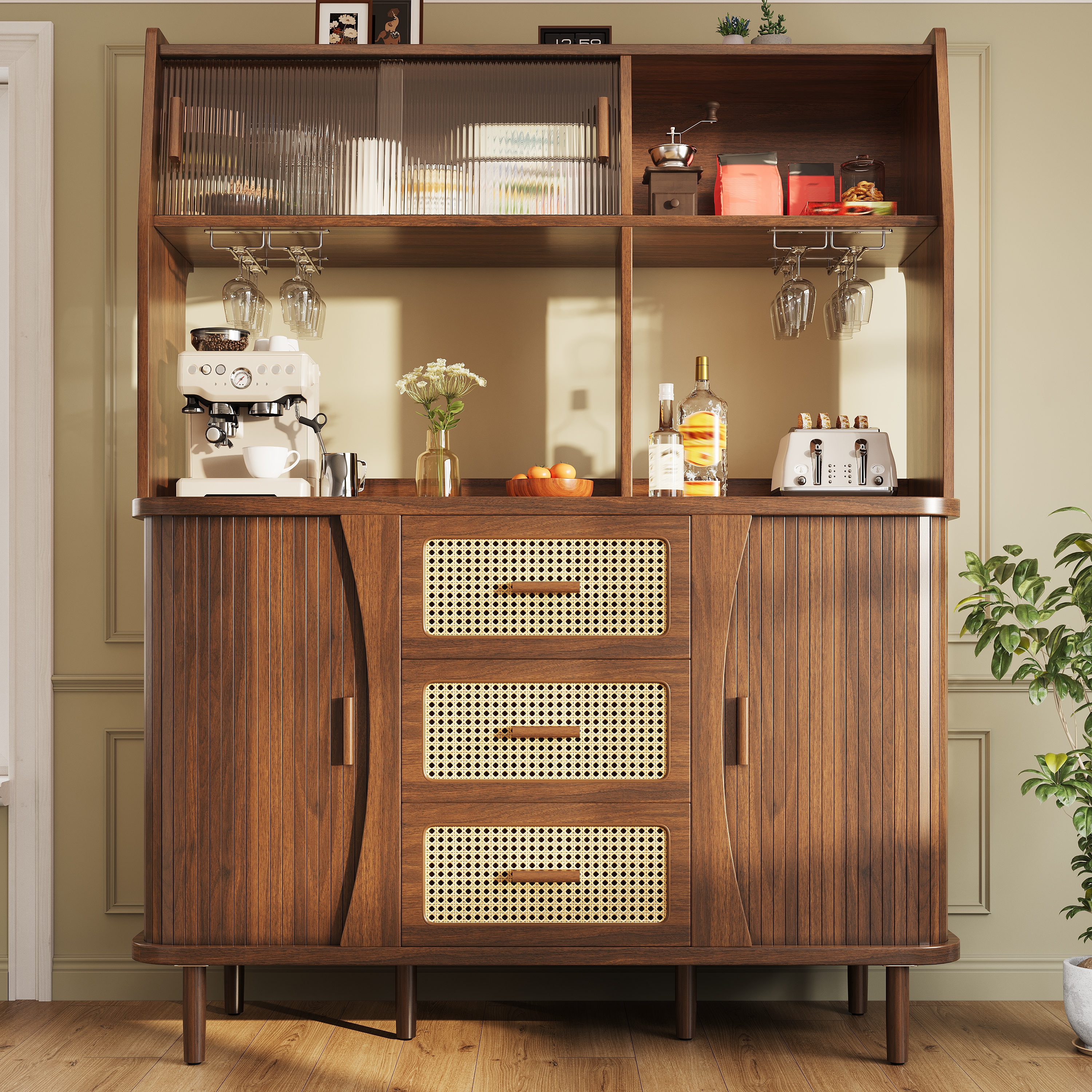 High- Sideboard With Rattan Look And Glass Sliding Doors, 174.5 Cm Kitchen — image 3
