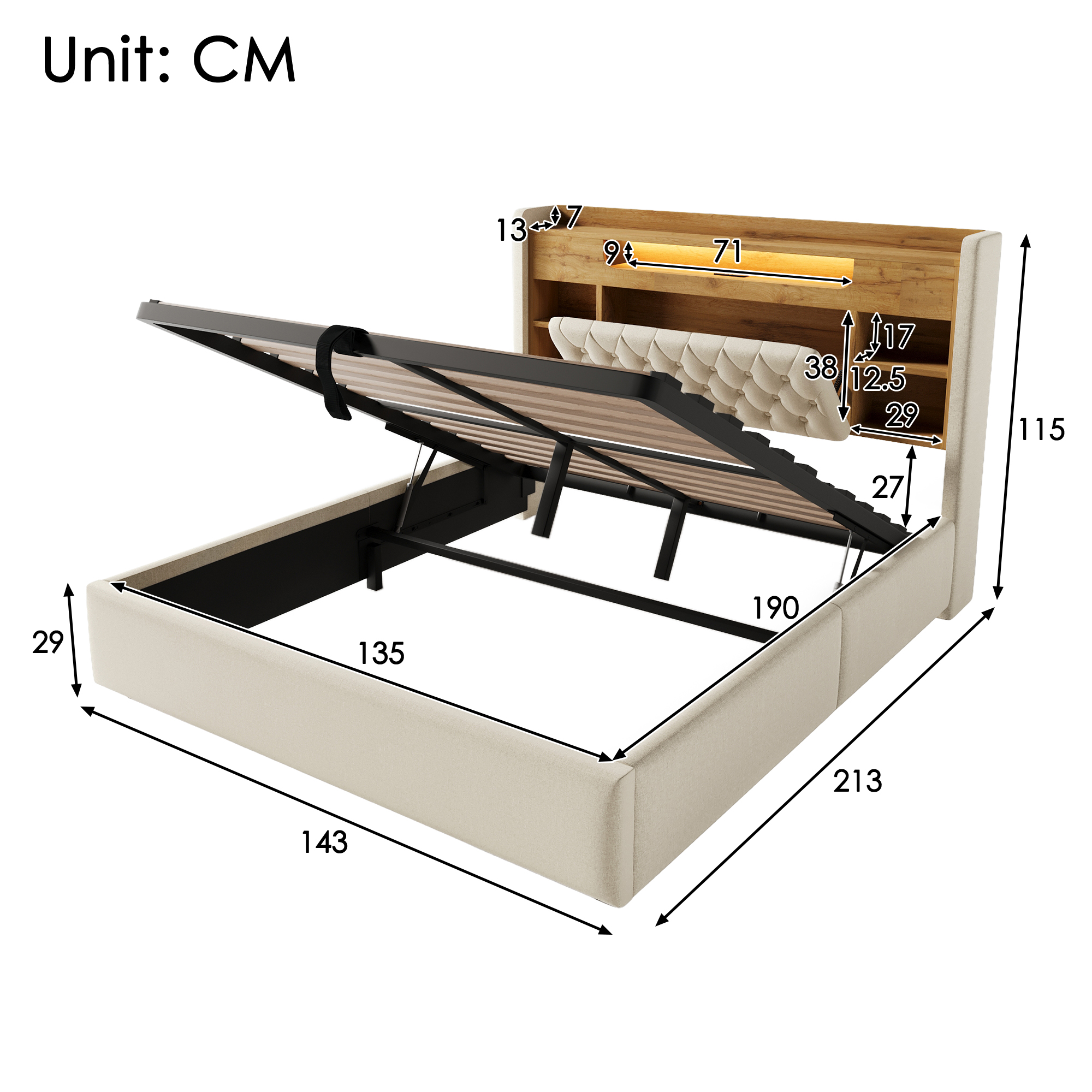 4ft6 Double Bed With Hydraulic Storage, Upholstered Frame LED Lighting — image 3