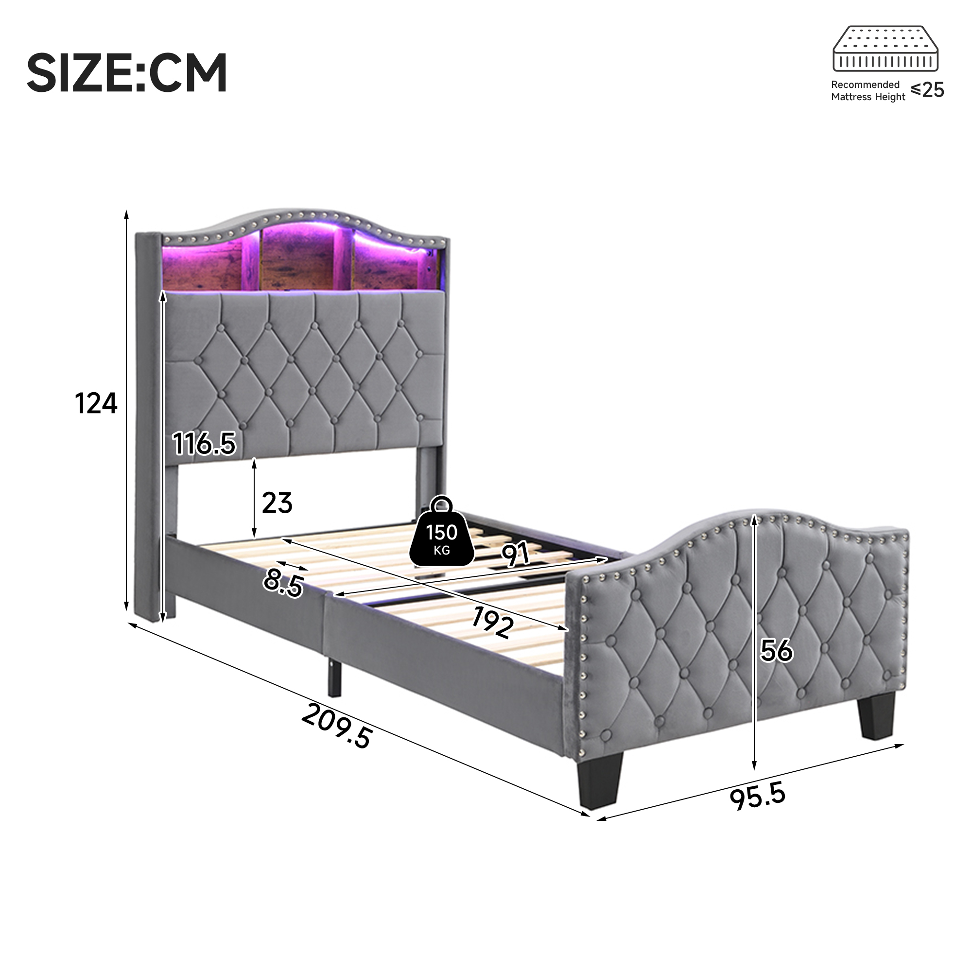 Upholstered Bed, 3FT Single 90x190cm, Storage Soft Backrest,With Slats — image 4
