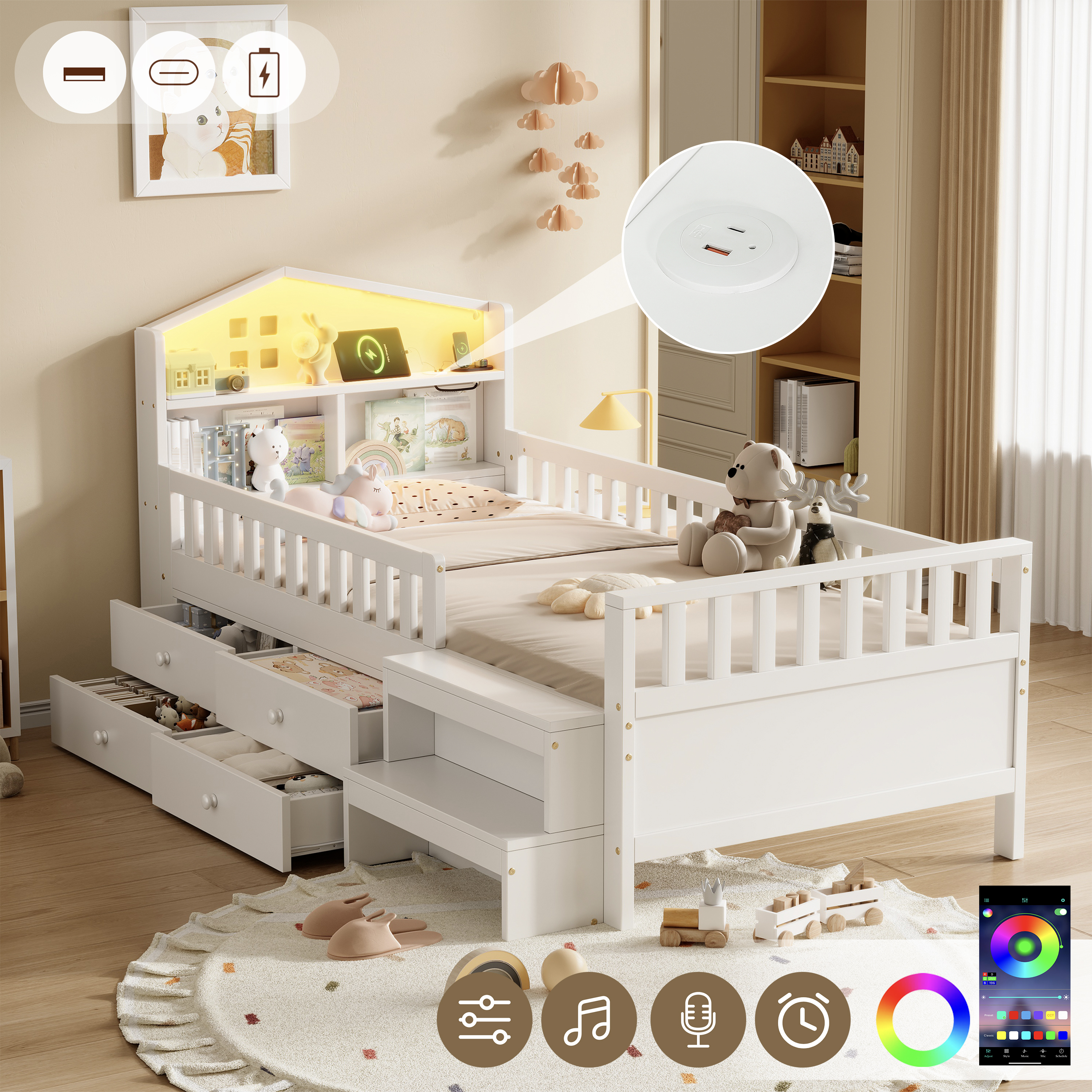 3ft Single Wooden Bed Frame With Step Stool, LED House-shaped Storage Headboard With Drawer Storage, USB And Type - C Ports, No Box Spring Needed, White  No Mattress