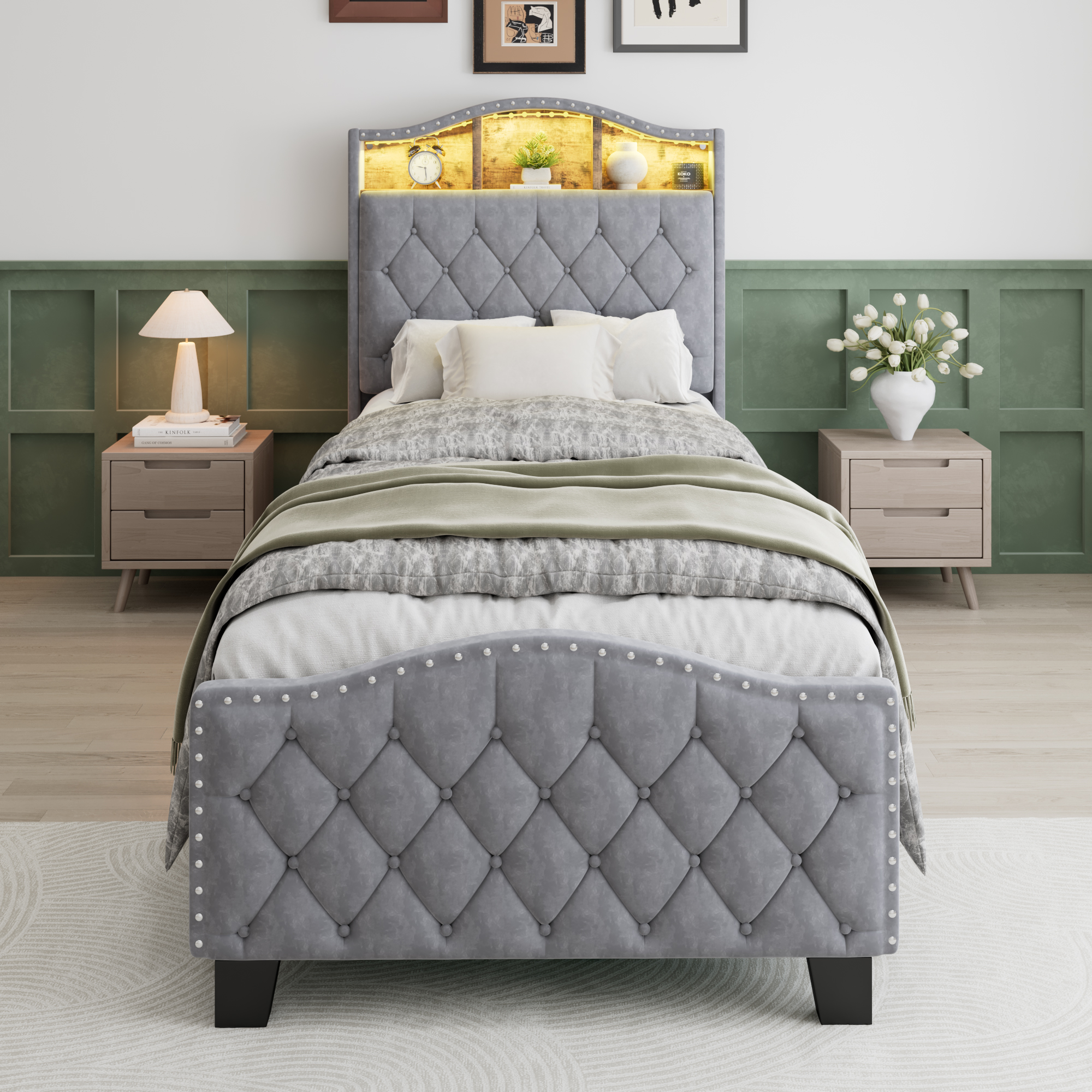 Upholstered Bed, 3FT Single 90x190cm, Storage Soft Backrest,With Slats — image 5