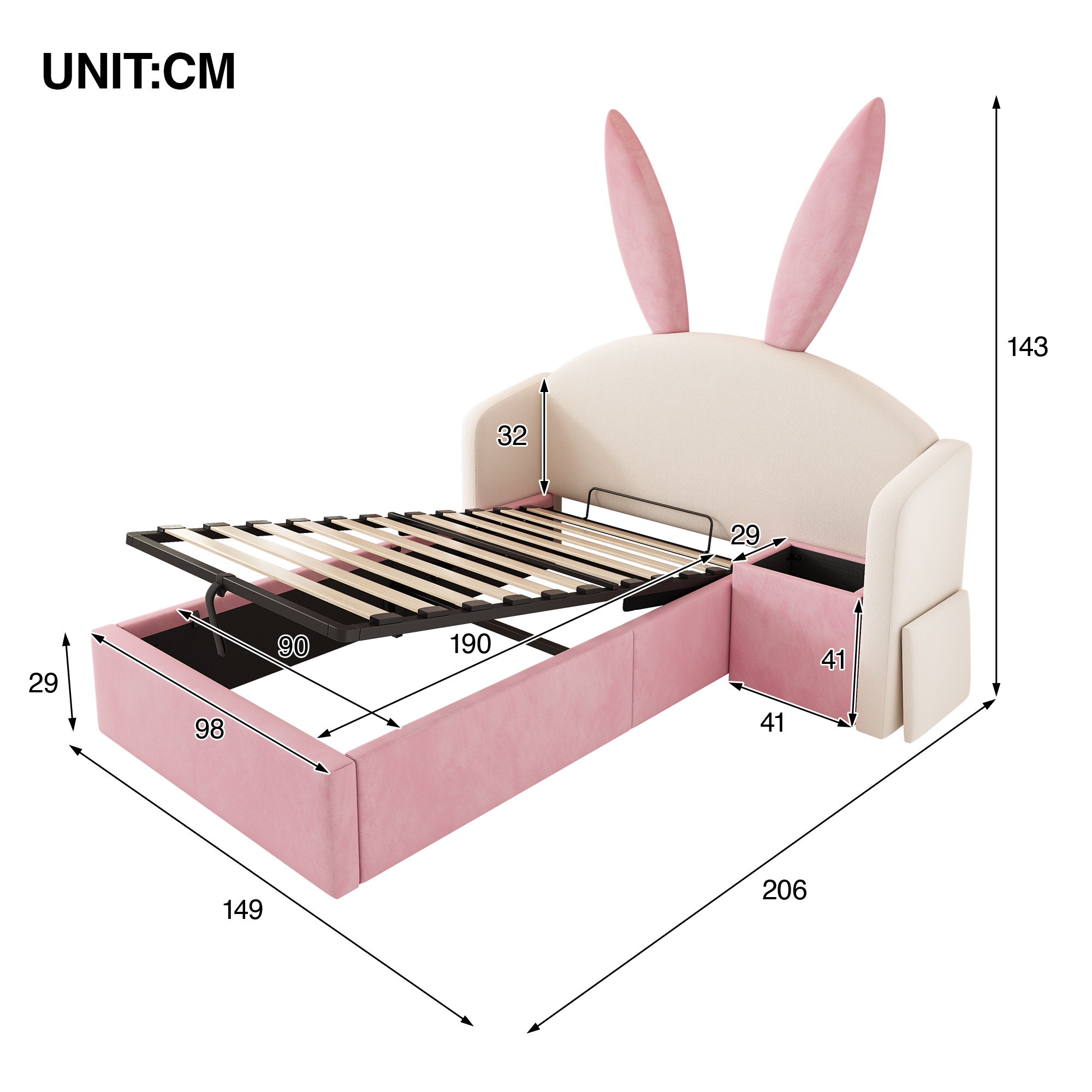 Bunny Ears Kids Bed, Single Upholstered With Hydraulic Storage & Nightstand — image 4