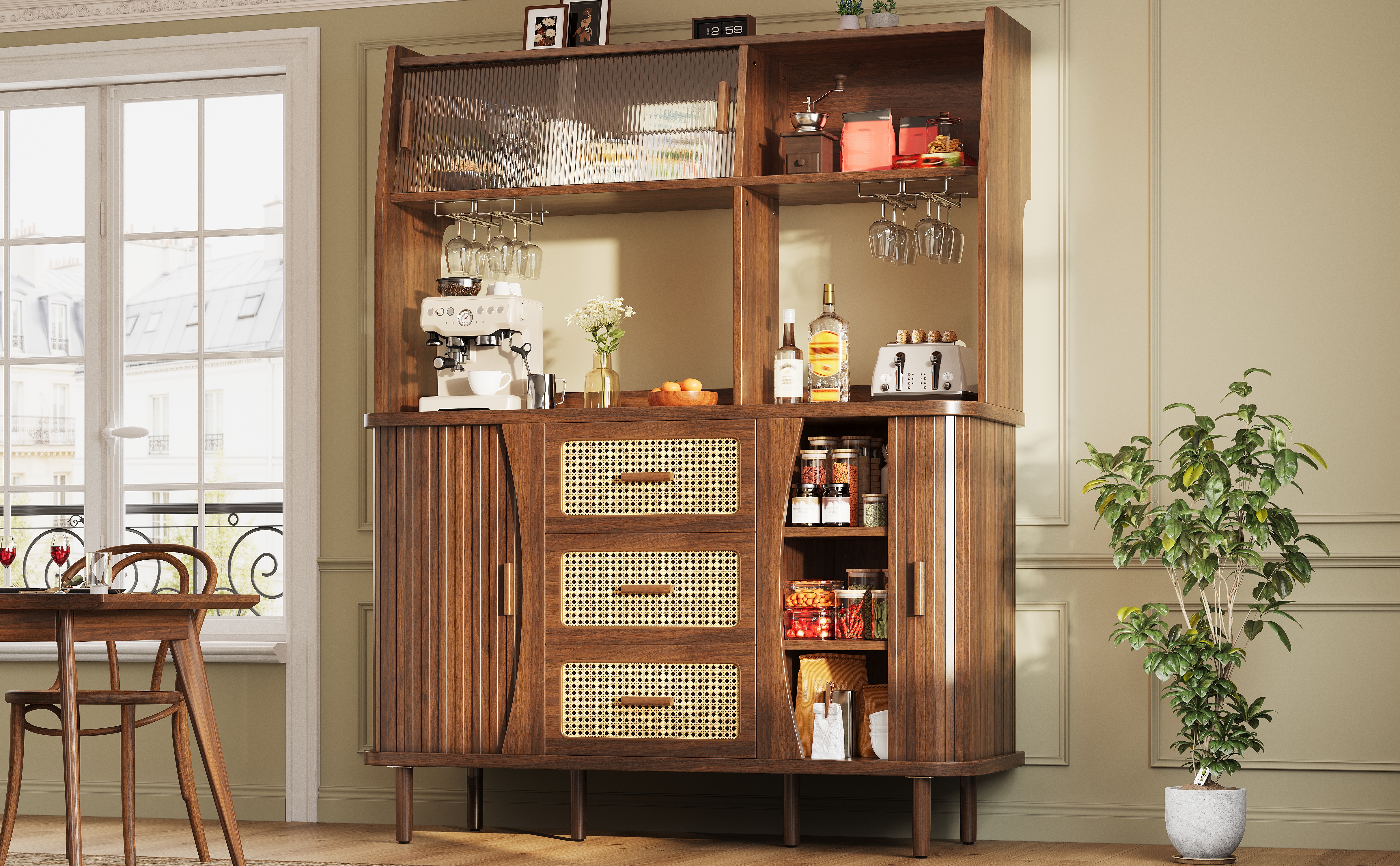 High- Sideboard With Rattan Look And Glass Sliding Doors, 174.5 Cm Kitchen — image 2