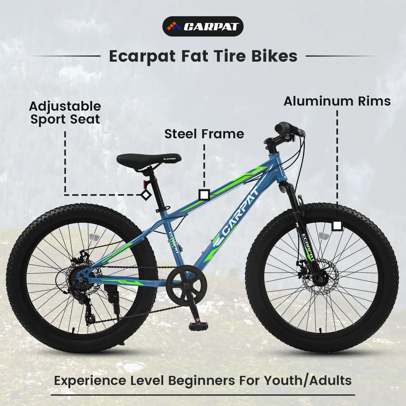 S24109 Elecony 24 Inch Fat Tire Bike Youth Full Shimano 7 Speeds Mountain Bike, Dual Disc Brake, High-Carbon Steel Frame, Front Suspension, Mountain Trail Bike,