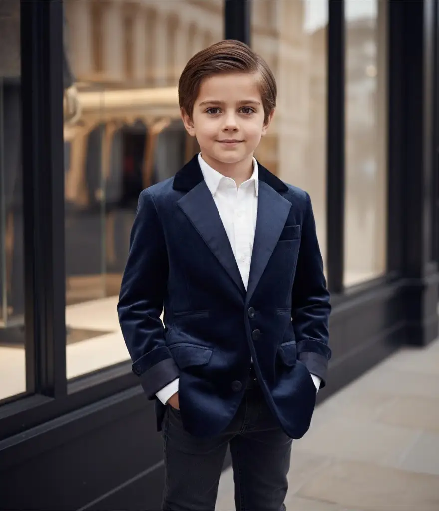 Boys Long Formal Suit Jacket Casual Party Top 6-9 Years  Navy Blue Velvet Blazer