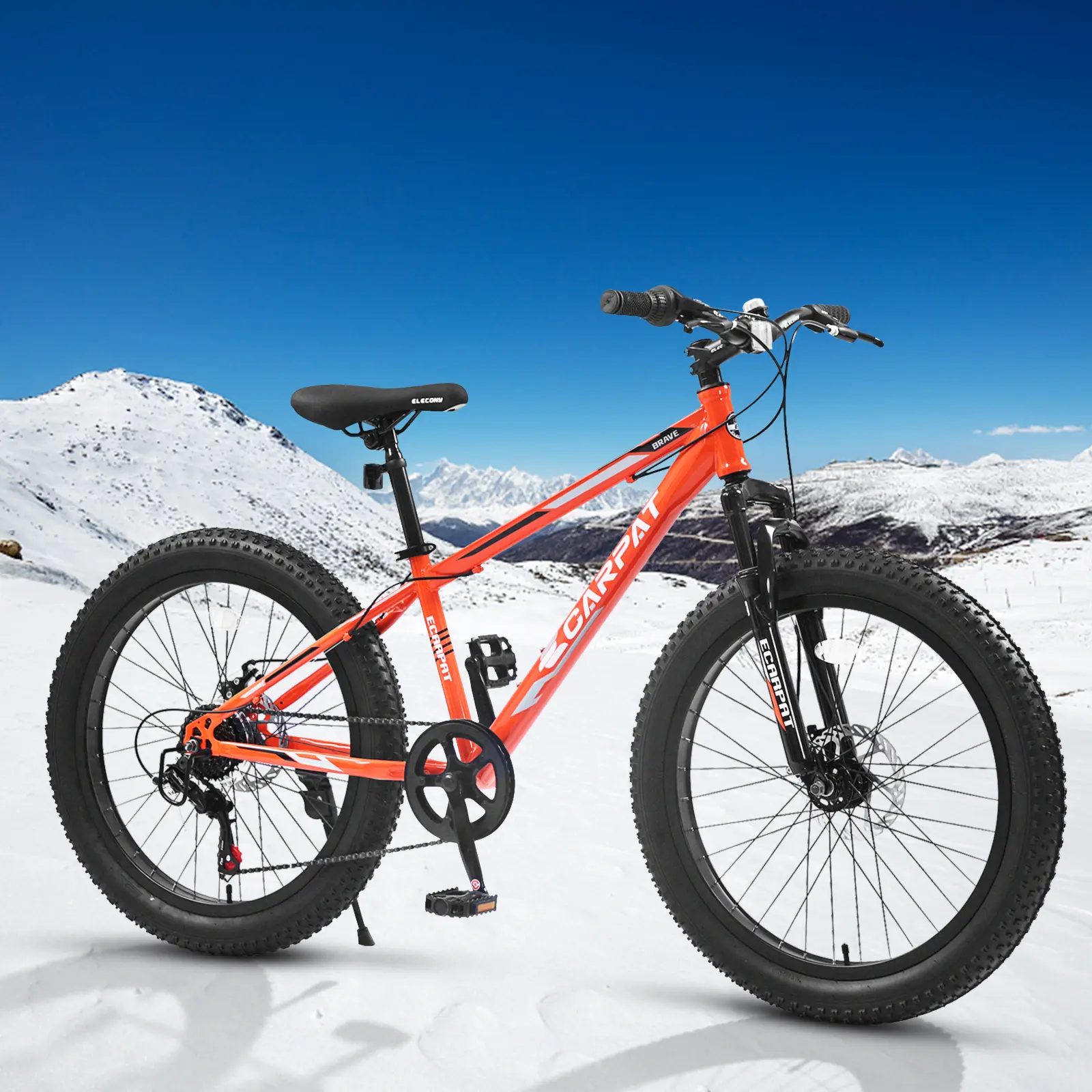S24109 Elecony 24 Inch Fat Tire Bike Youth Full Shimano 7 Speeds Mountain Bike, Dual Disc Brake, High-Carbon Steel Frame, Front Suspension, Mountain Trail Bike,