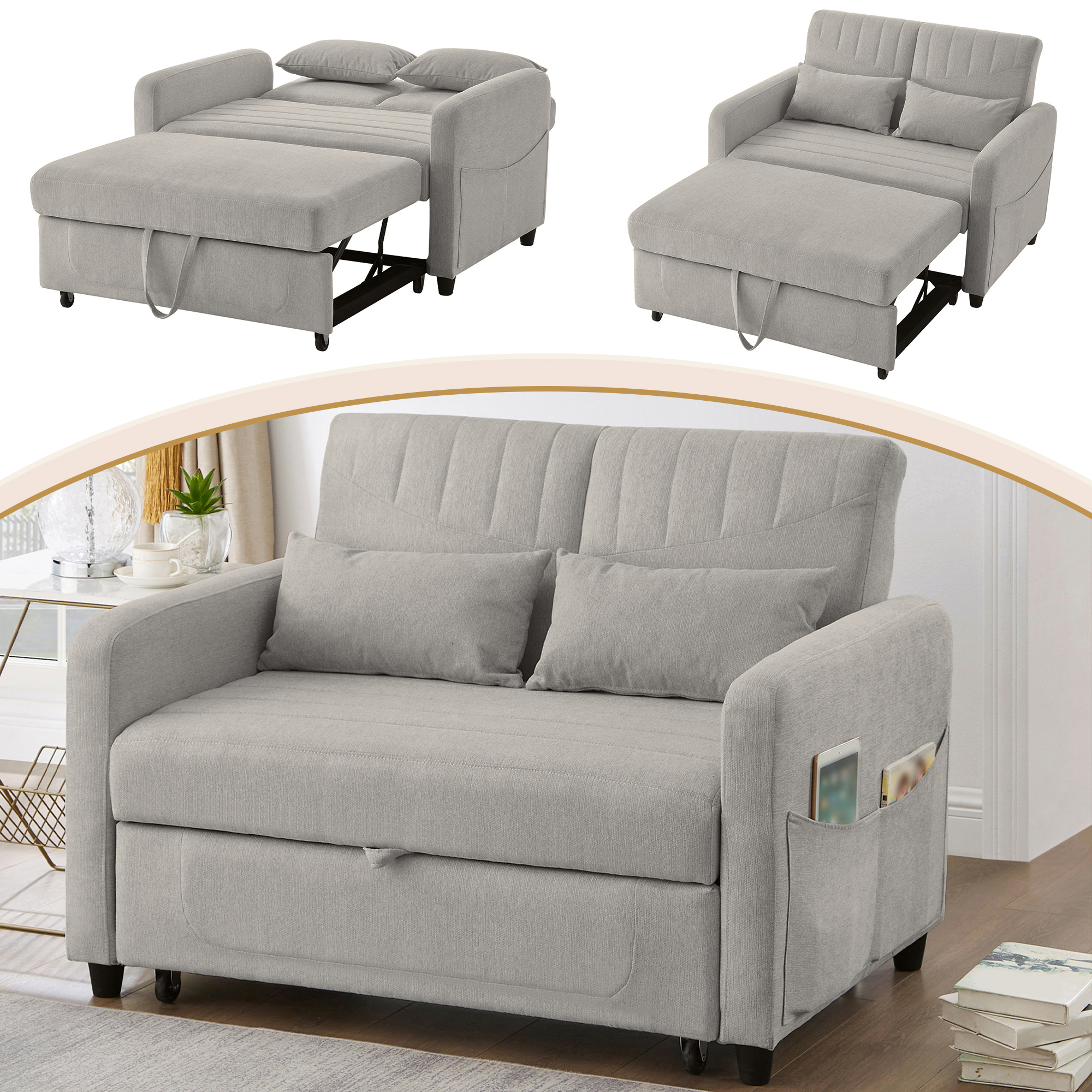 Sofa Bed With Sleeping Function  Two-Seater Fold-Out Sofa, Pull-Out Design, Simple And Modern, Contemporary Style, Three-Level Adjustable Backrest, Breathable Cotton-Linen Fabric