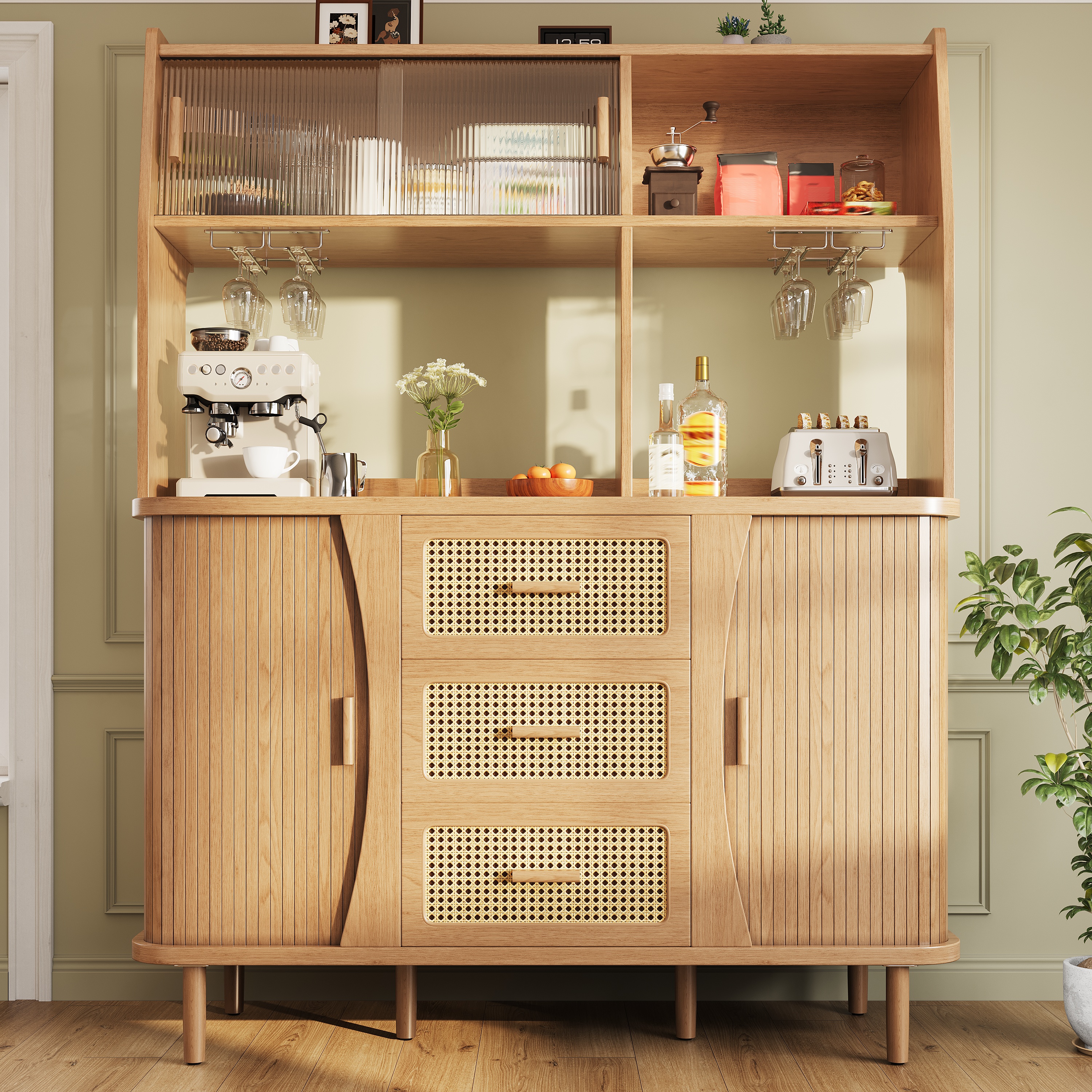 High- Sideboard With Rattan Look And Glass Sliding Doors, 174.5 Cm Kitchen — image 4