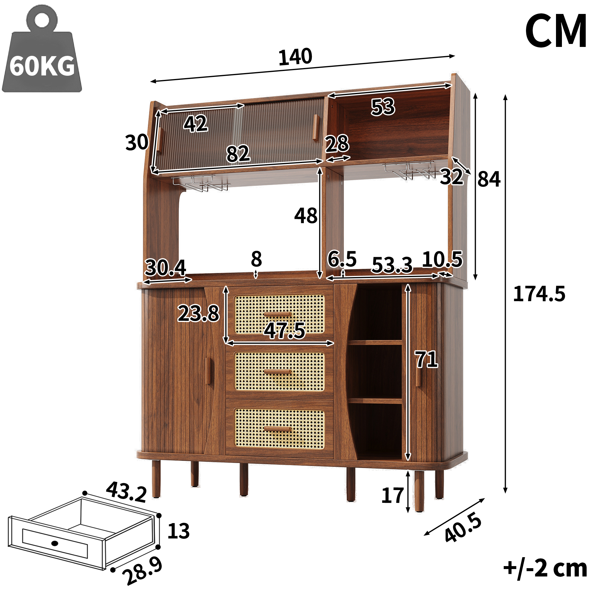 High- Sideboard With Rattan Look And Glass Sliding Doors, 174.5 Cm Kitchen — image 5