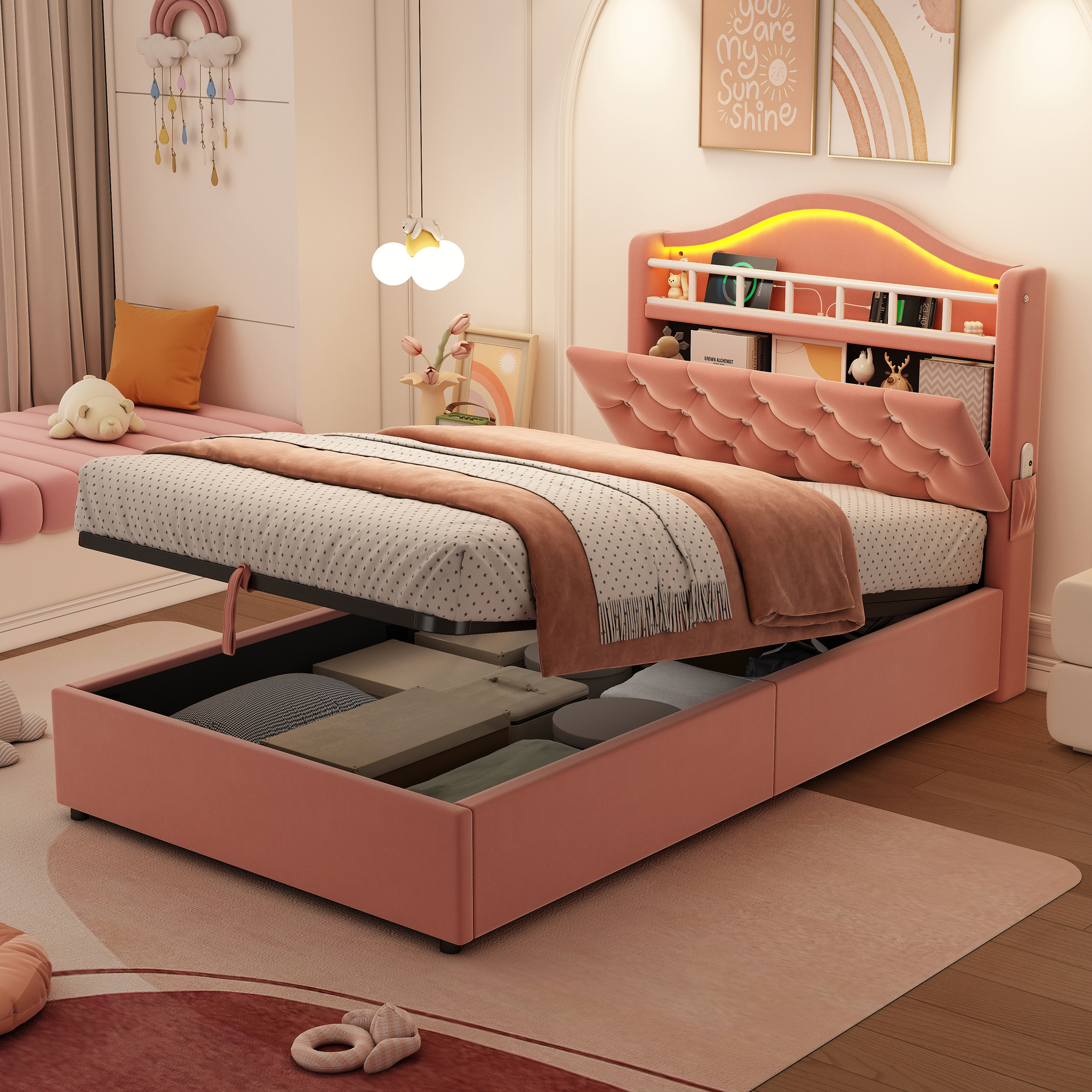 3ft Single Hydraulic Bed In Velvet, LED Bed Frame With Charging Station & Diamond Tufted Headboard, Multi-zone Storage, Solid & Stable Base, No Mattress