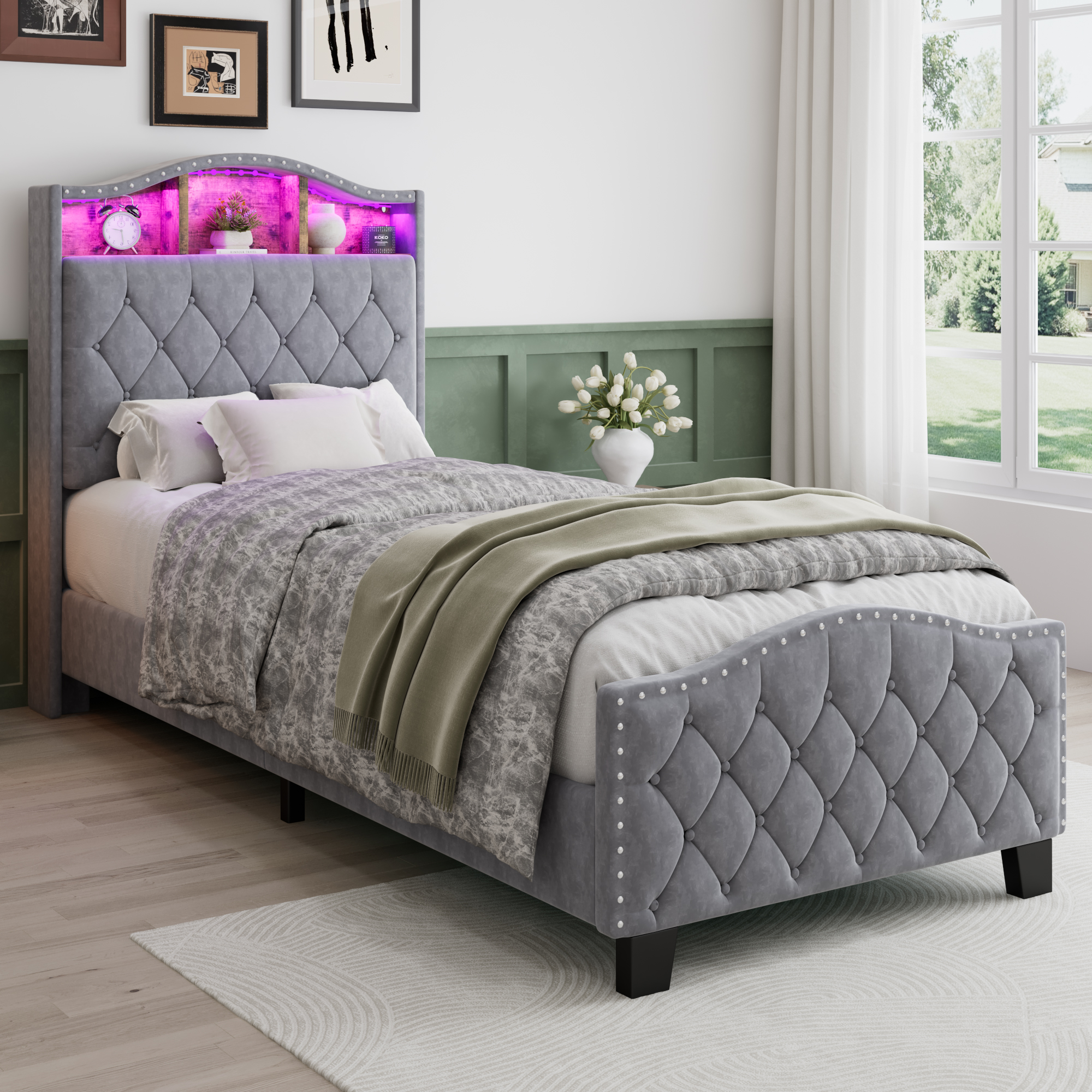 Upholstered Bed, 3FT Single 90x190cm, Storage Soft Backrest,With Slats — image 3