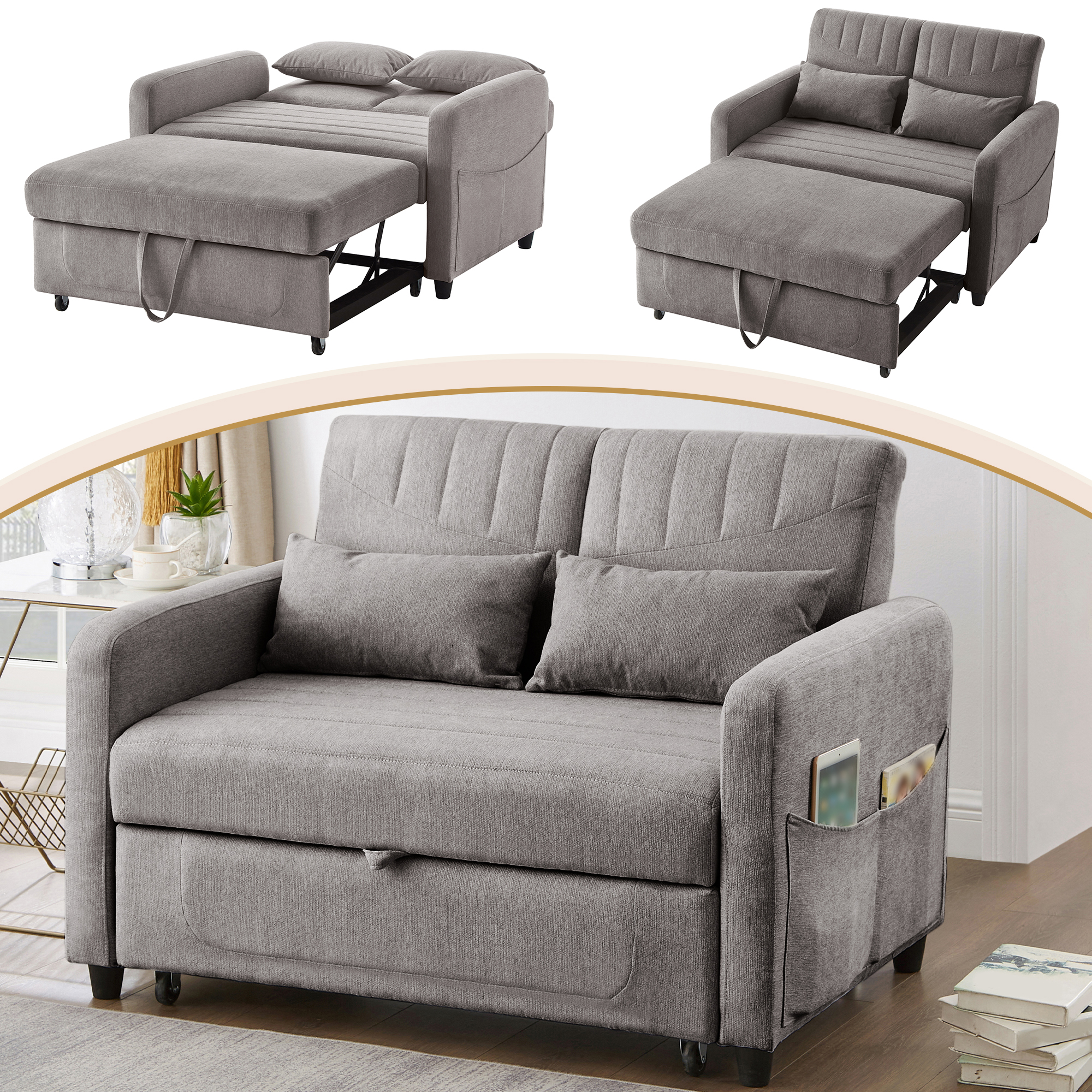 Sofa Bed With Sleeping Function  Two-Seater Fold-Out Sofa, Pull-Out Design, Simple And Modern, Contemporary Style, Three-Level Adjustable Backrest, Breathable Cotton-Linen Fabric
