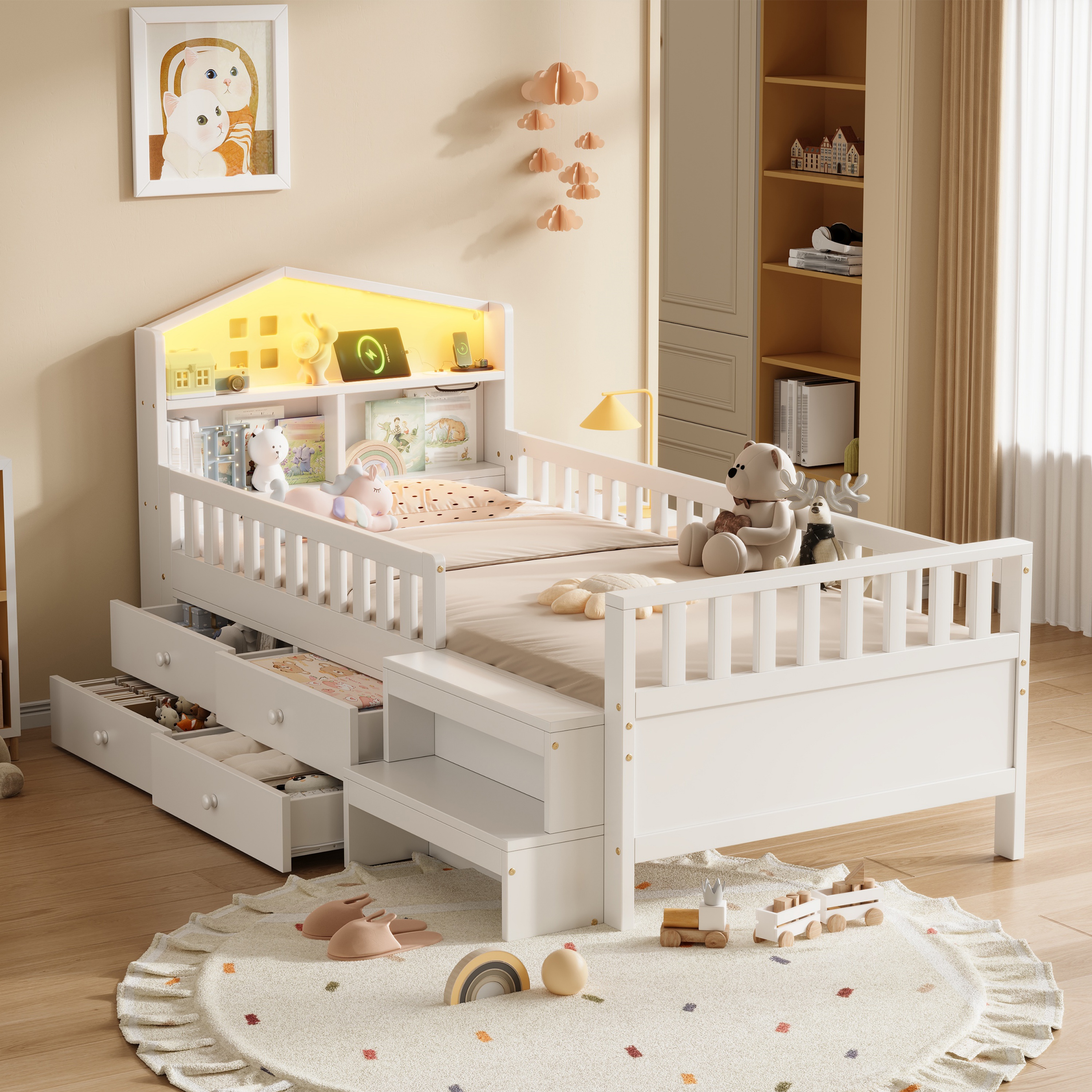3ft Single Wooden Bed Frame With Step Stool, LED House-shaped Storage Headboard With Drawer Storage, USB And Type - C Ports, No Box Spring Needed, White  No Mattress