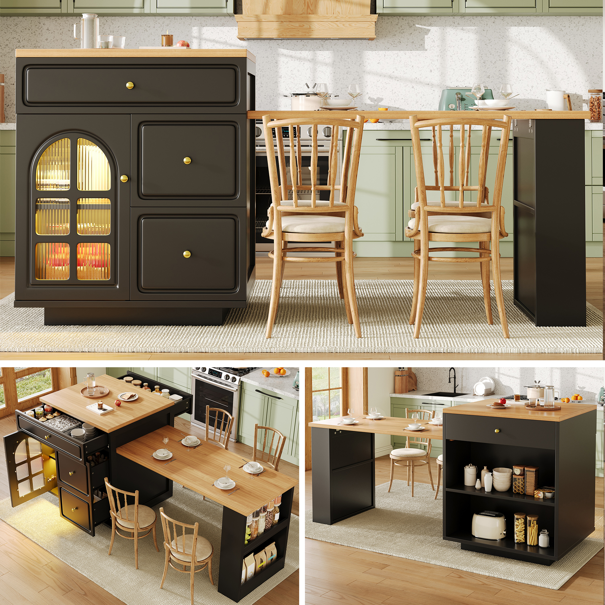 Extendable Bar Table With Storage 122.5-195.5x70x93.5cm , With Four Drawers And Curved Glass Door, Kitchen Island With Extendable Table, LED Color Light, For 2-6 People, Kitchen Dining Cart With Side