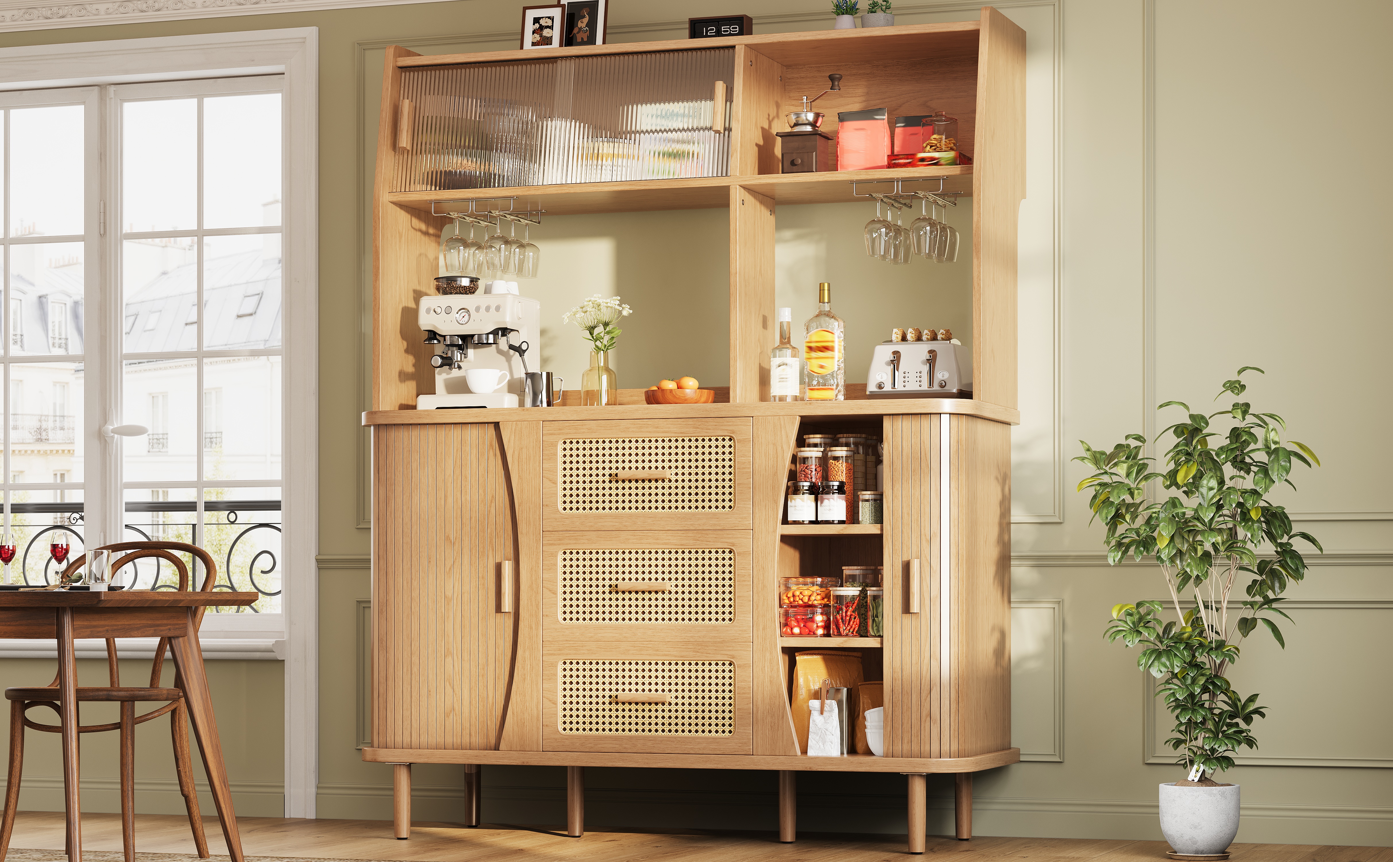 High- Sideboard With Rattan Look And Glass Sliding Doors, 174.5 Cm Kitchen — image 2