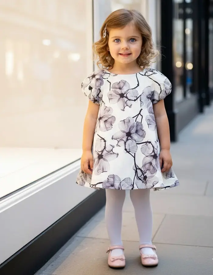 Girls Floral Smock Dress Puff Sleeve A-Line