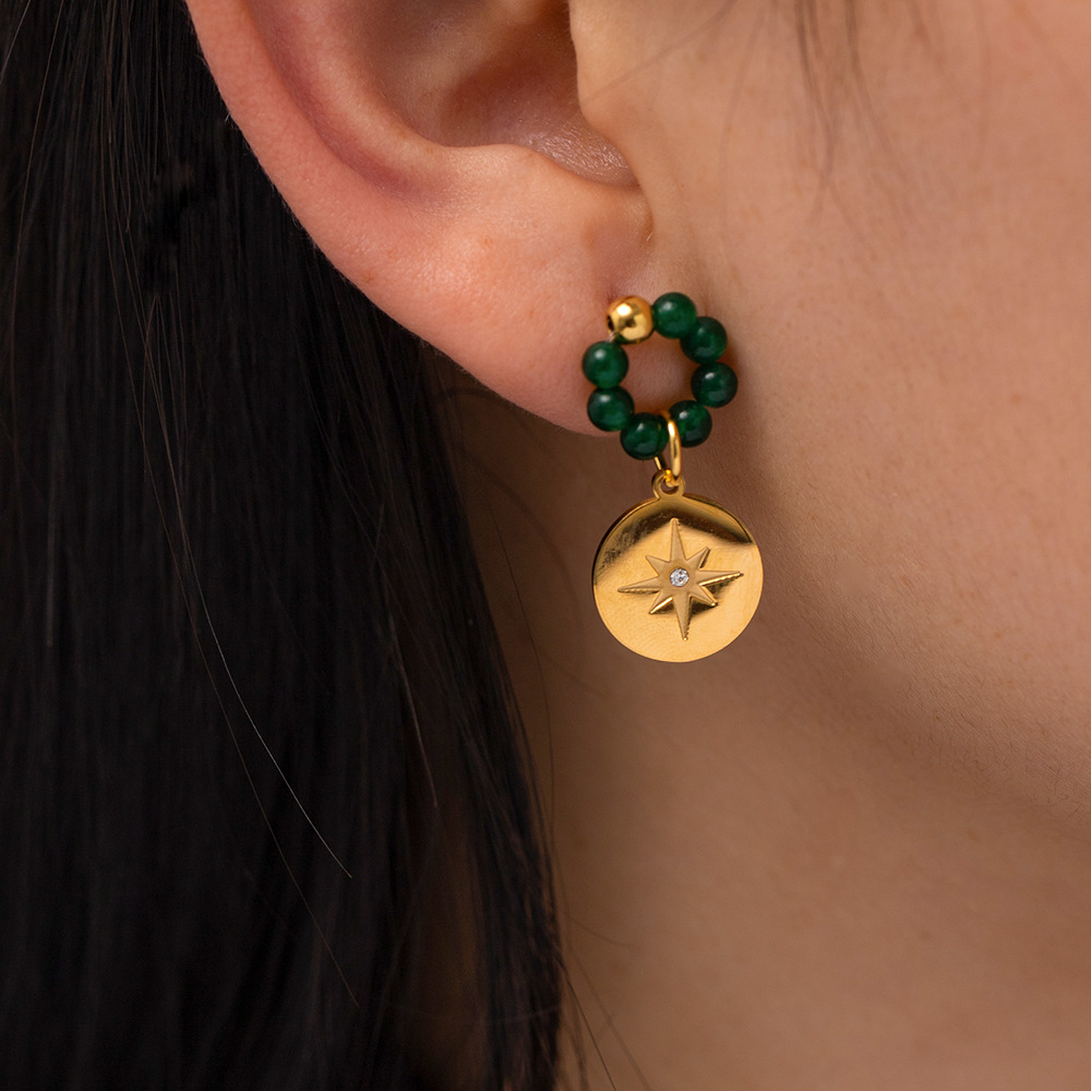 Vintage Natural Stone Octagon Star Pendant Earrings