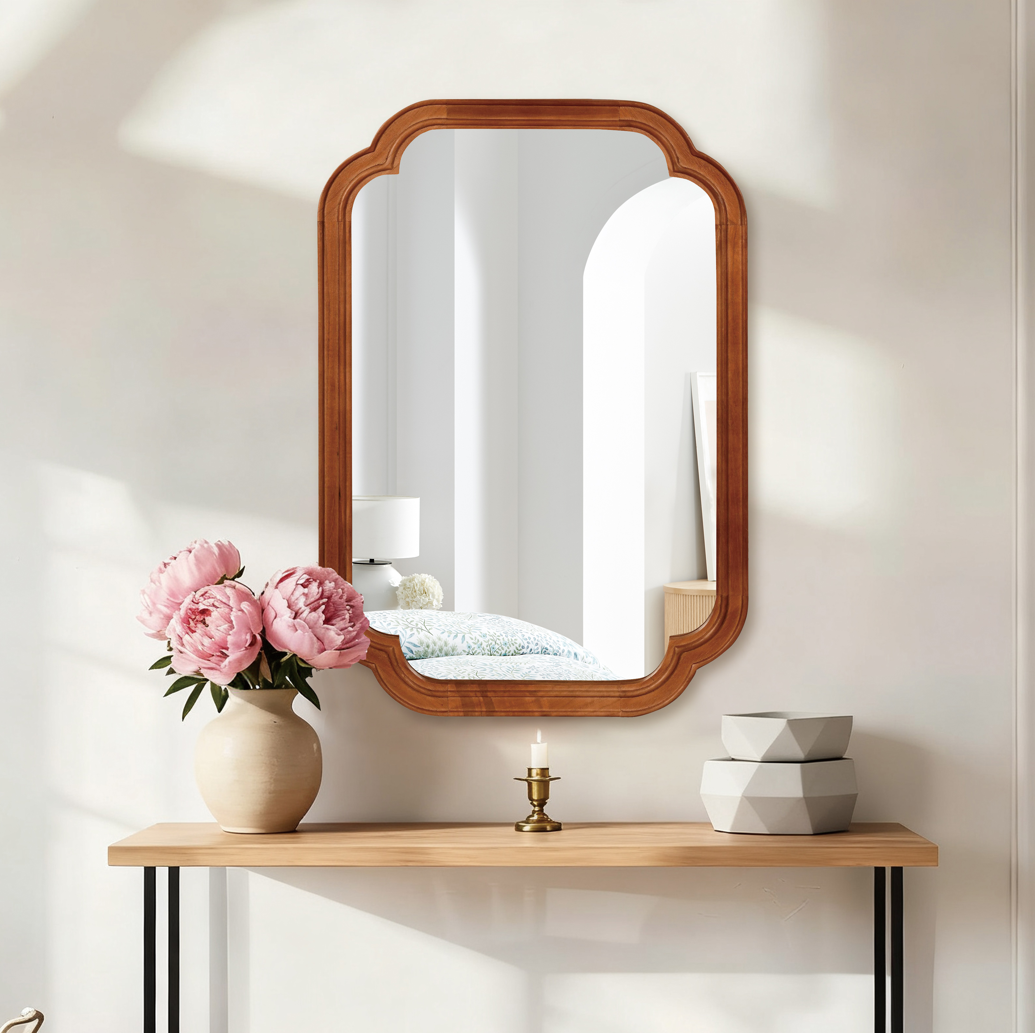 Yellowish Brown Color 20  X 30  Solid Wood Frame Rounded Corner Decorative Mirror, For Bedroom, Bathroom, Living Room, Entryway