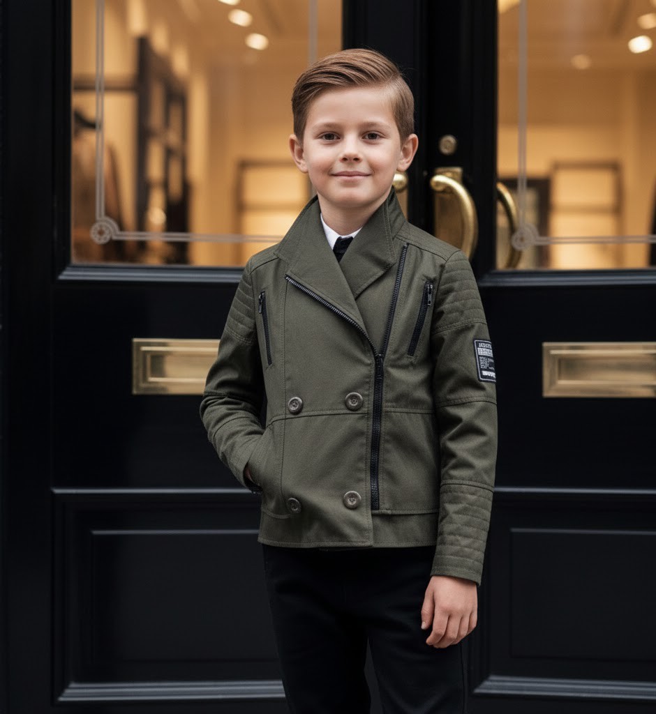 Boys Military Style Jacket Kids Cotton Coat Green Black Smart Outerwear 4-9Y