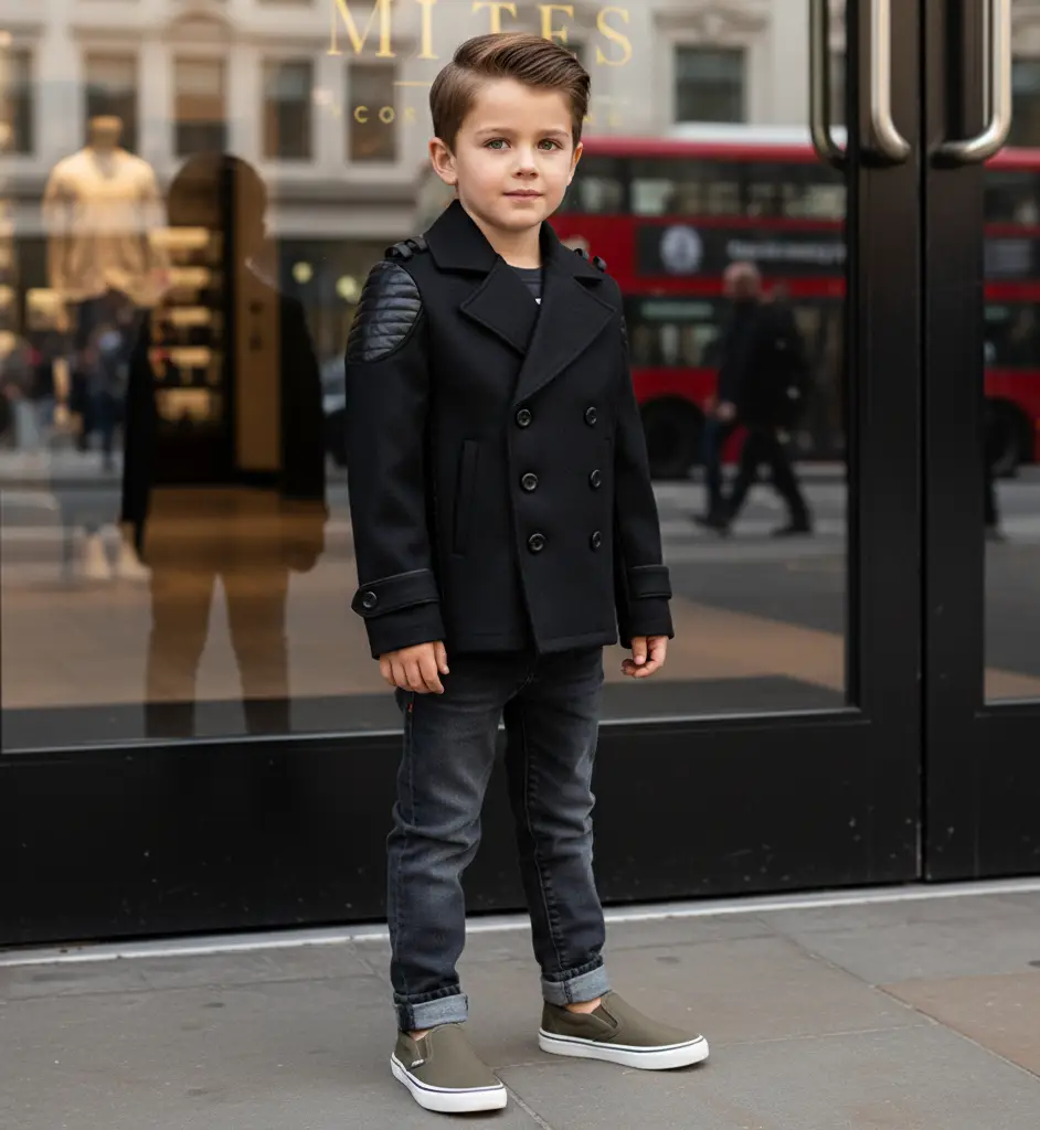 Boys Short Black Cashmere Coat 3-7Y Double Breasted Warm Trendy Jacket