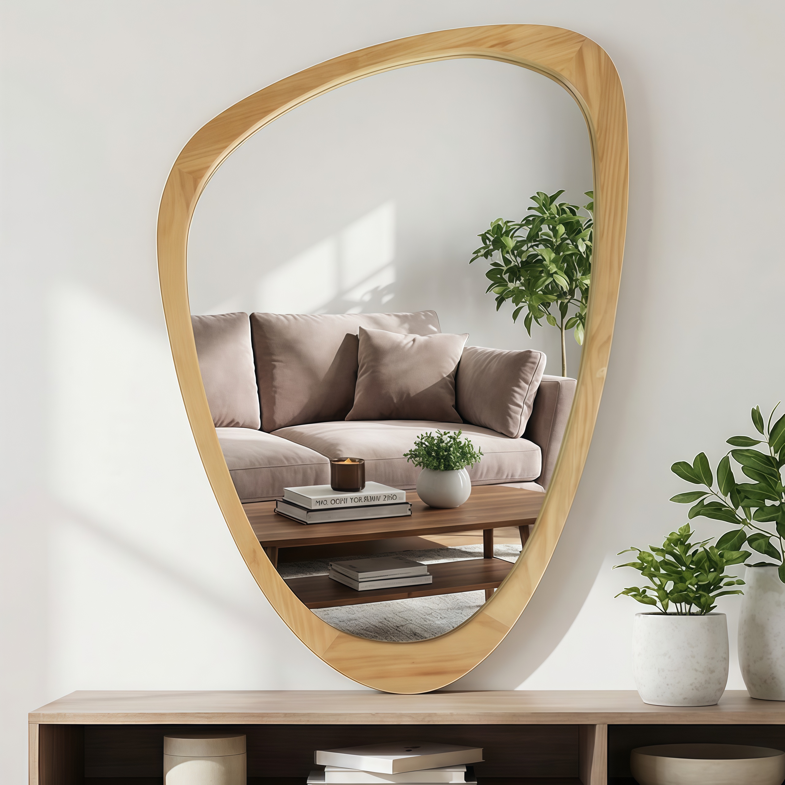 OAK Color 24 X36  Irregular Solid Wood Frame Decorative Mirror,For Bedroom, Bathroom, Living Room, Entryway