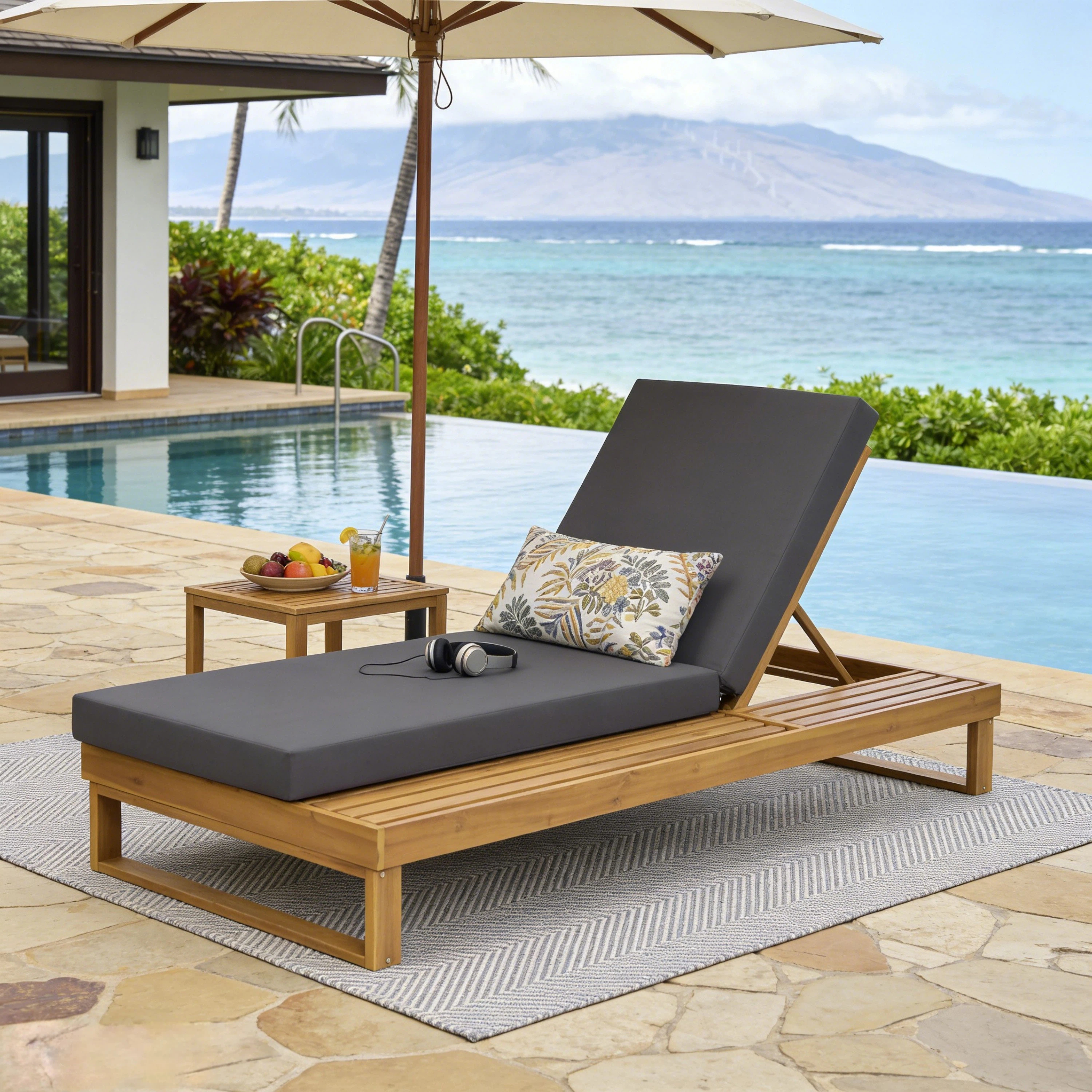 Teak Finish Acacia Wood Chaise Lounge With 4-Inch Dark Grey 2-Fold Cushion Set, 4-Position Adjustable Outdoor Patio Lounger With Flat Side Surface, For Poolside - Matching Cream Ve