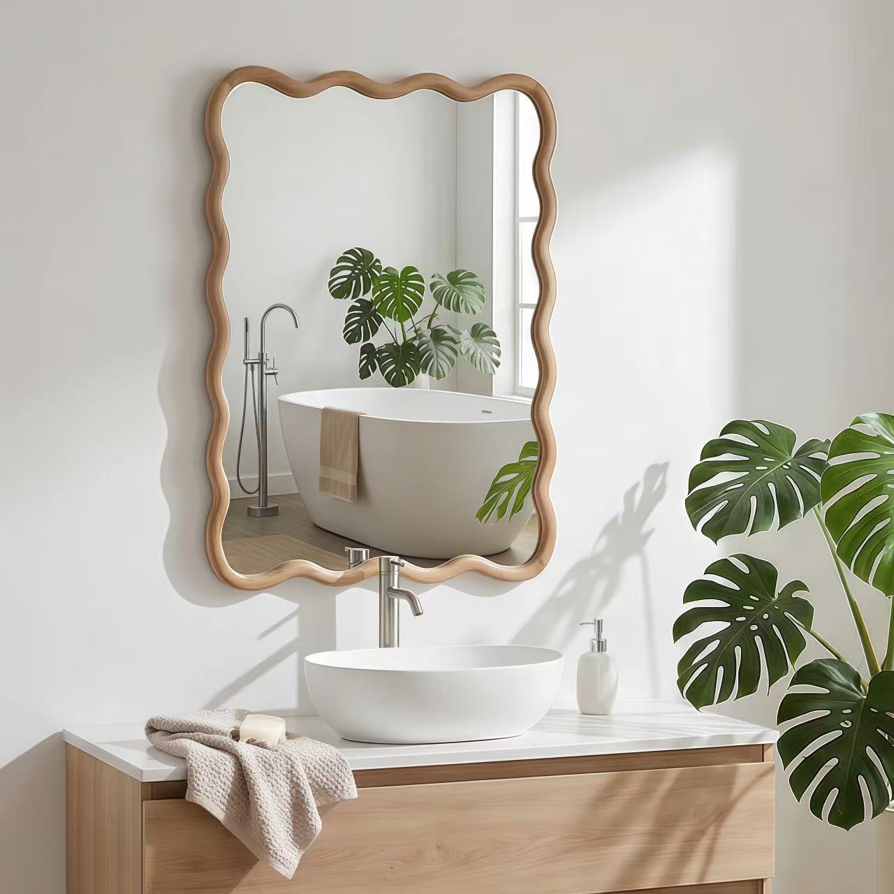 Natural Wood Color 20 X30  Wavy Rectangle Solid Wood Frame Decorative Mirror,For Bedroom, Bathroom, Living Room, Entryway