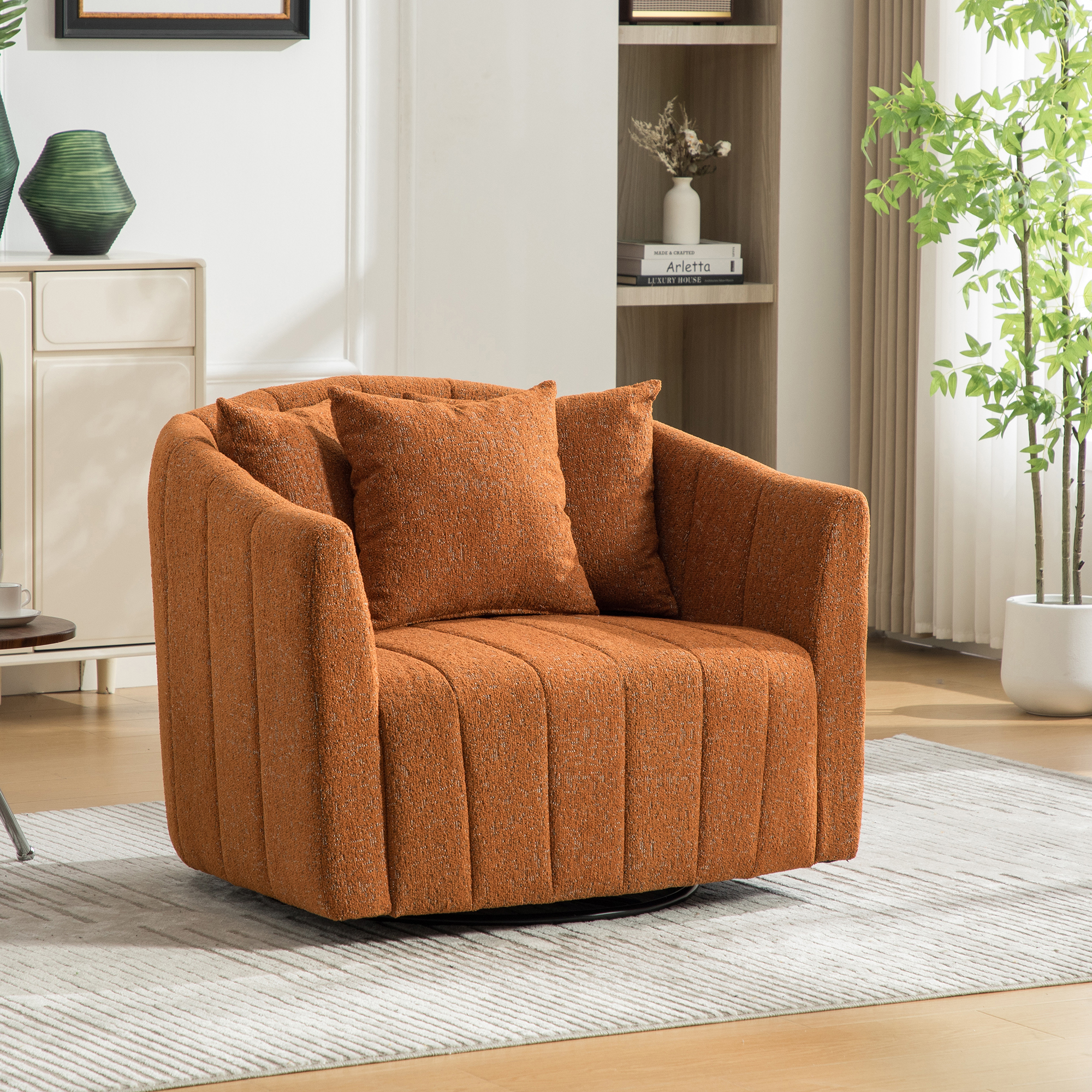 39 W Upholstered Oversized 360 Swivel Accent Barrel Chair And Half Cozy Sofa With 3 Pillows, Chenille Channel Tufted Pumpkin-Shape Club Armchair For Living Room, Bedroom, Office, L