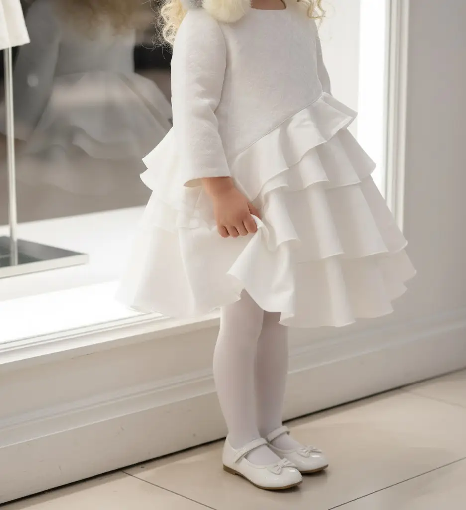 Girls Princess White Jacquard Satin Dress Elegant