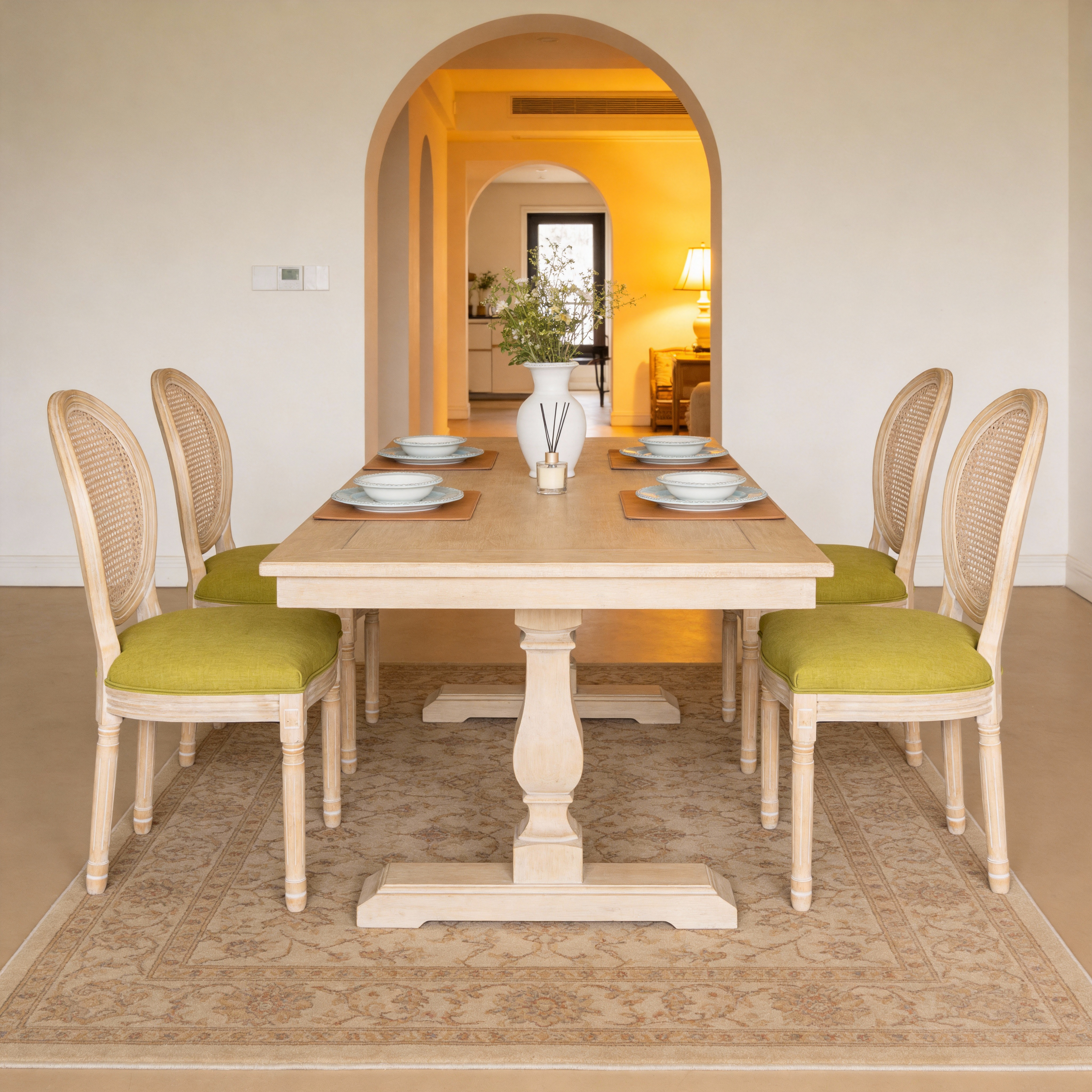 French Country Dining Chairs Set Of 2, Upholstered  Chairs With Nature Rattan Round Back, For Living Room, Kitchen , Restaurant Use, Green