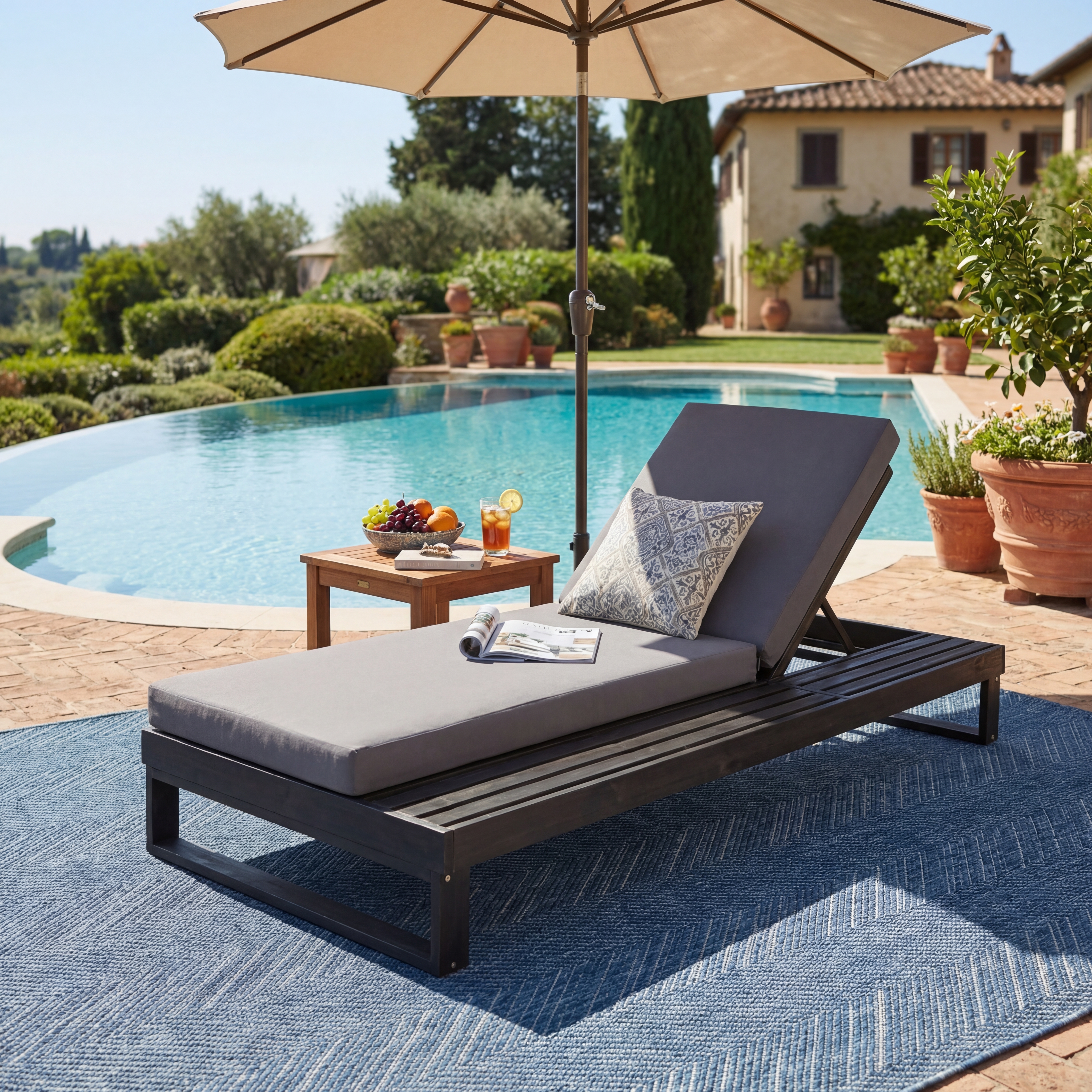 Black Acacia Wood Chaise Lounge With 4-Inch Dark Grey 2-Fold Cushion Set, 4-Position Adjustable Outdoor Patio Lounger With Flat Side Surface, For Poolside- Matching Cream Version