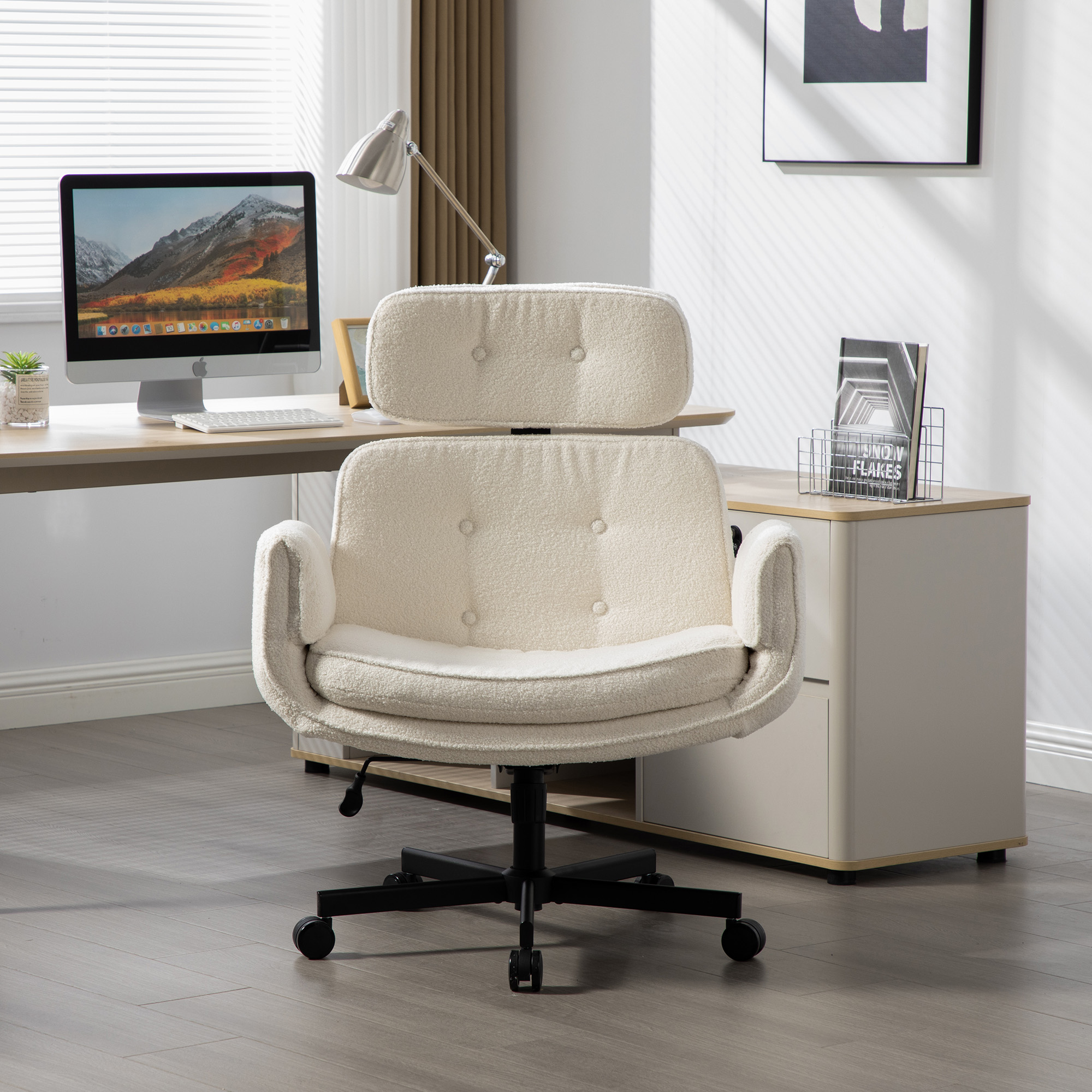 Criss Cross Chair With Adjustable Armrests & Wheels & Headrest, Lounge Vanity Desk Chair With Wide Seat For Cross-Legged Sitting, Swivel Task Office Chairs For Home, Makeup, Gaming, Office, Ivory 3