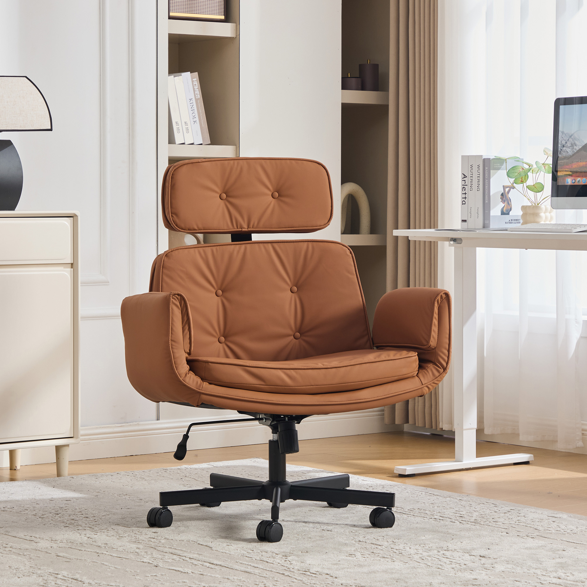 Criss Cross Chair With Adjustable Armrests & Wheels & Headrest, PU Lounge Vanity Desk Chair With Wide Seat For Cross-Legged Sitting, Swivel Task Office Chairs For Home, Makeup, Gaming, Office, Brown 2