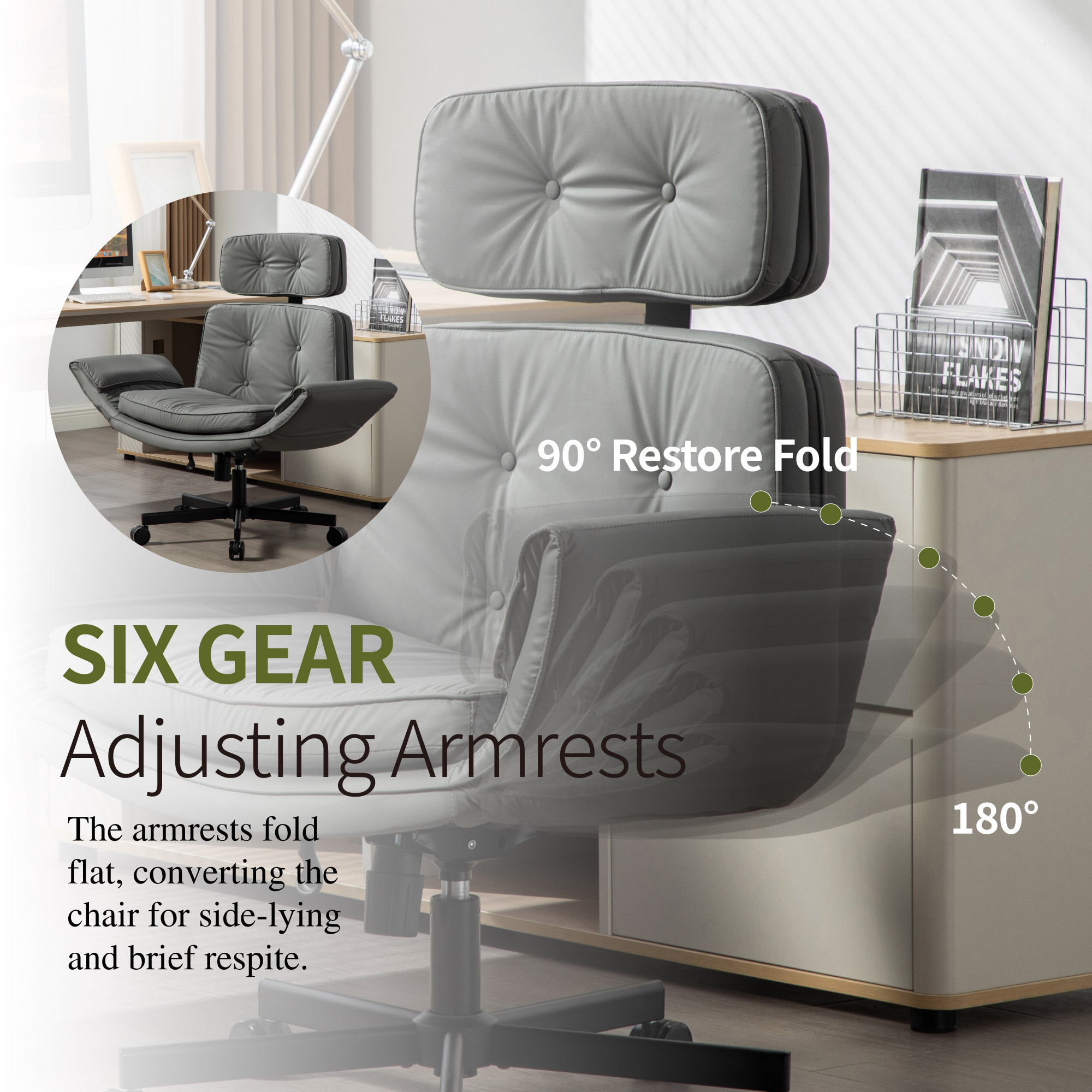 Criss Cross Chair With Adjustable Armrests & Wheels & Headrest, PU Lounge Vanity Desk Chair With Wide Seat For Cross-Legged Sitting, Swivel Task Office Chairs For Home, Makeup, Gaming, Office, Gray 5