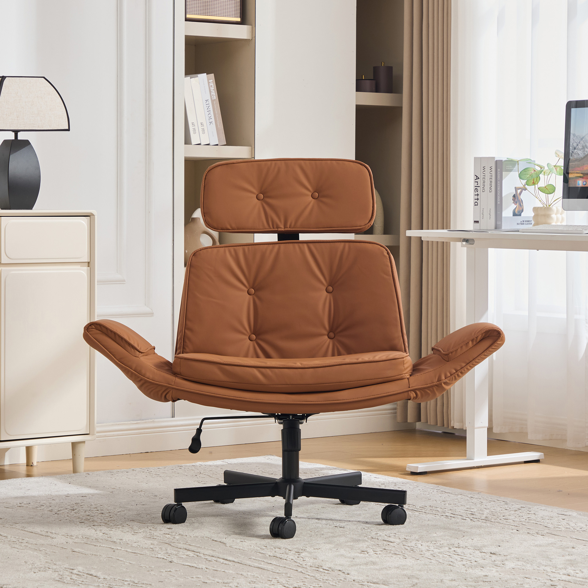 Criss Cross Chair With Adjustable Armrests & Wheels & Headrest, PU Lounge Vanity Desk Chair With Wide Seat For Cross-Legged Sitting, Swivel Task Office Chairs For Home, Makeup, Gaming, Office, Brown 4