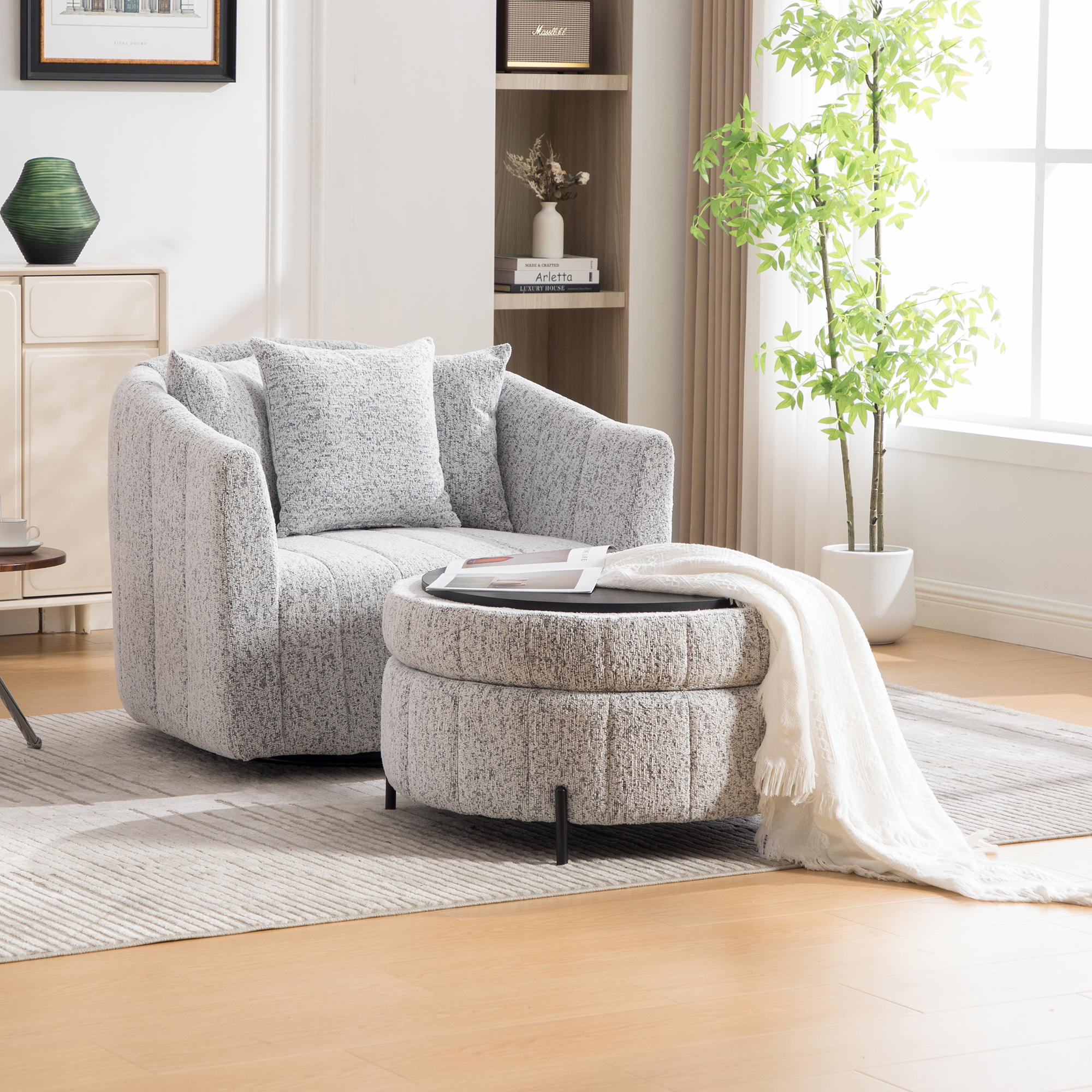 39 W Oversized 360 Swivel Accent Barrel Chair And Half Sofa With Round Ottoman, Chenille Channel Tufted Pumpkin Club Armchair Pillows With Storage Stool For Living Room, Bedroom, L
