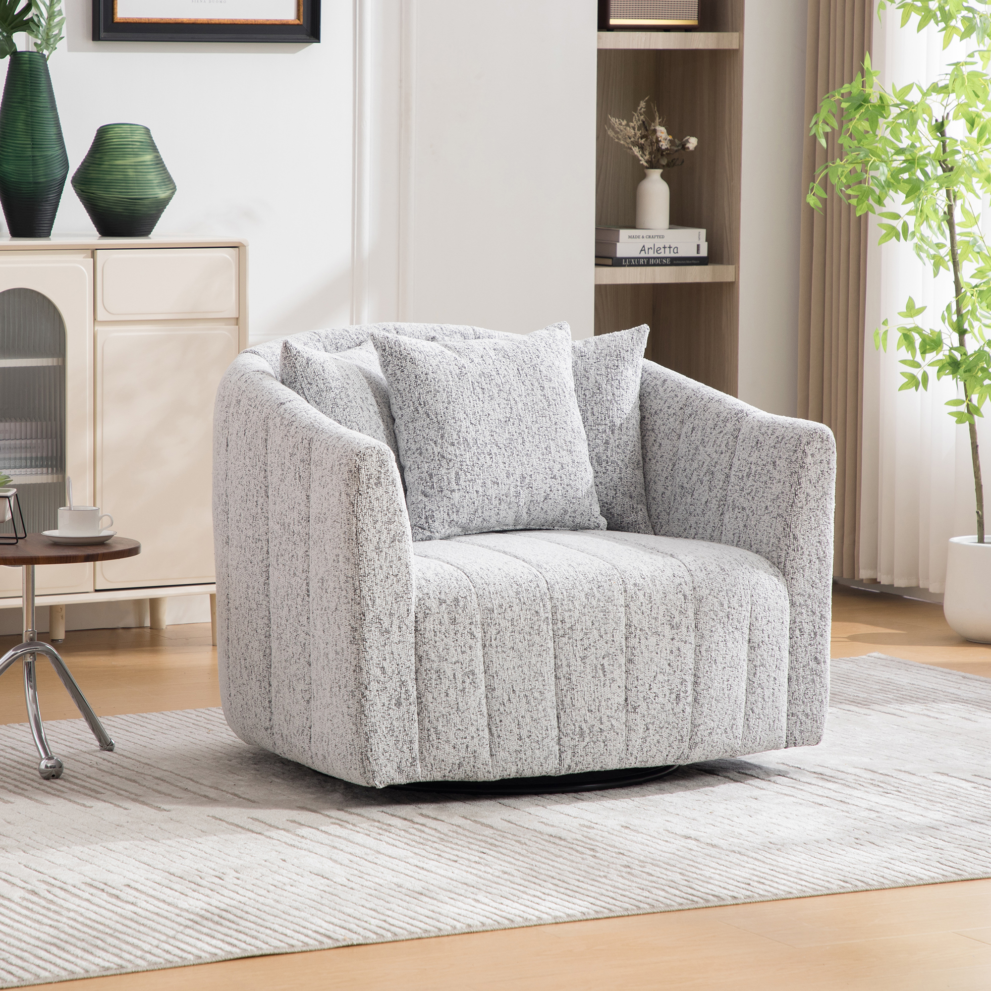 39 W Upholstered Oversized 360 Swivel Accent Barrel Chair And Half Cozy Sofa With 3 Pillows, Chenille Channel Tufted Pumpkin-Shape Club Armchair For Living Room, Bedroom, Office, Lounge,White-Black
