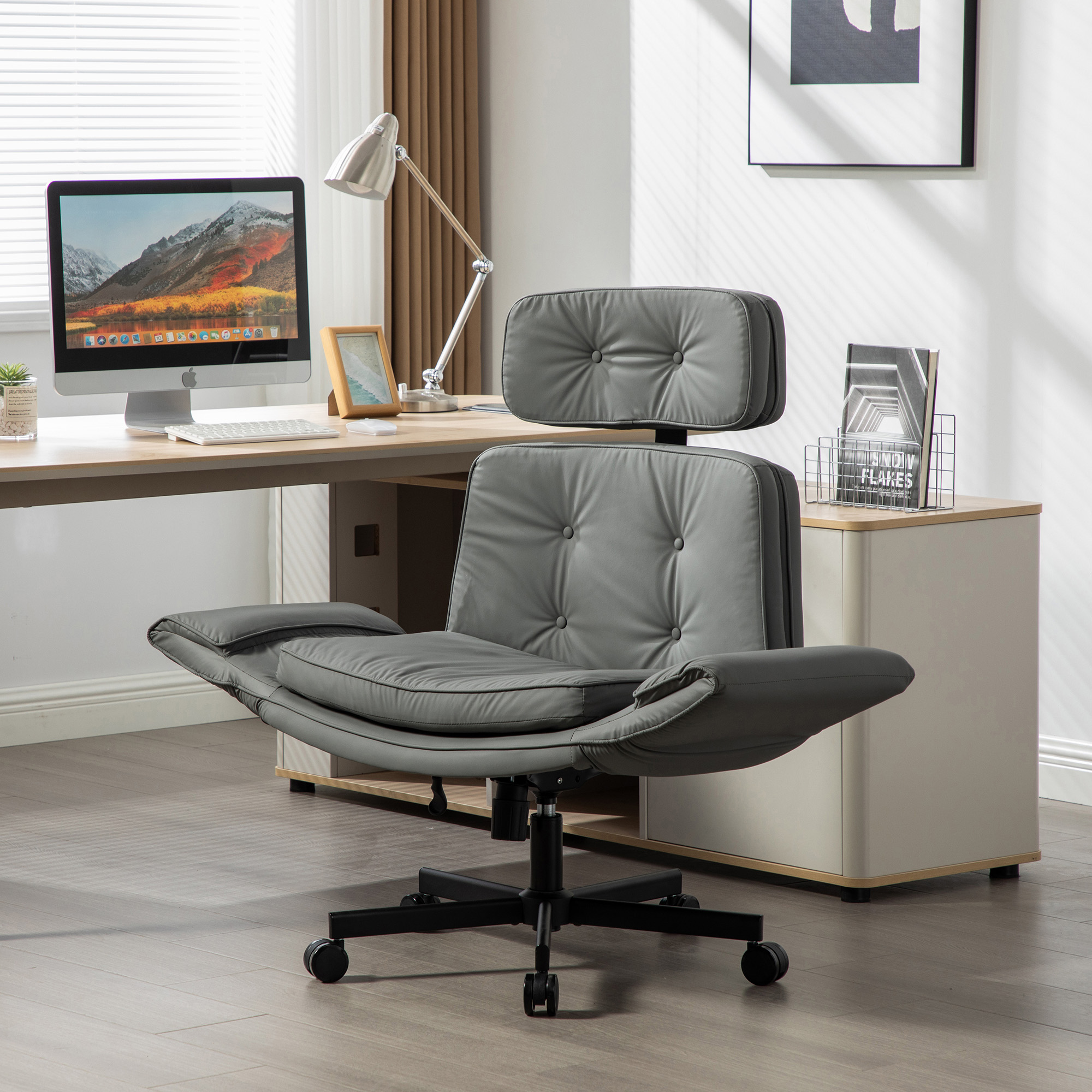 Criss Cross Chair With Adjustable Armrests & Wheels & Headrest, PU Lounge Vanity Desk Chair With Wide Seat For Cross-Legged Sitting, Swivel Task Office Chairs For Home, Makeup, Gaming, Office, Gray 3