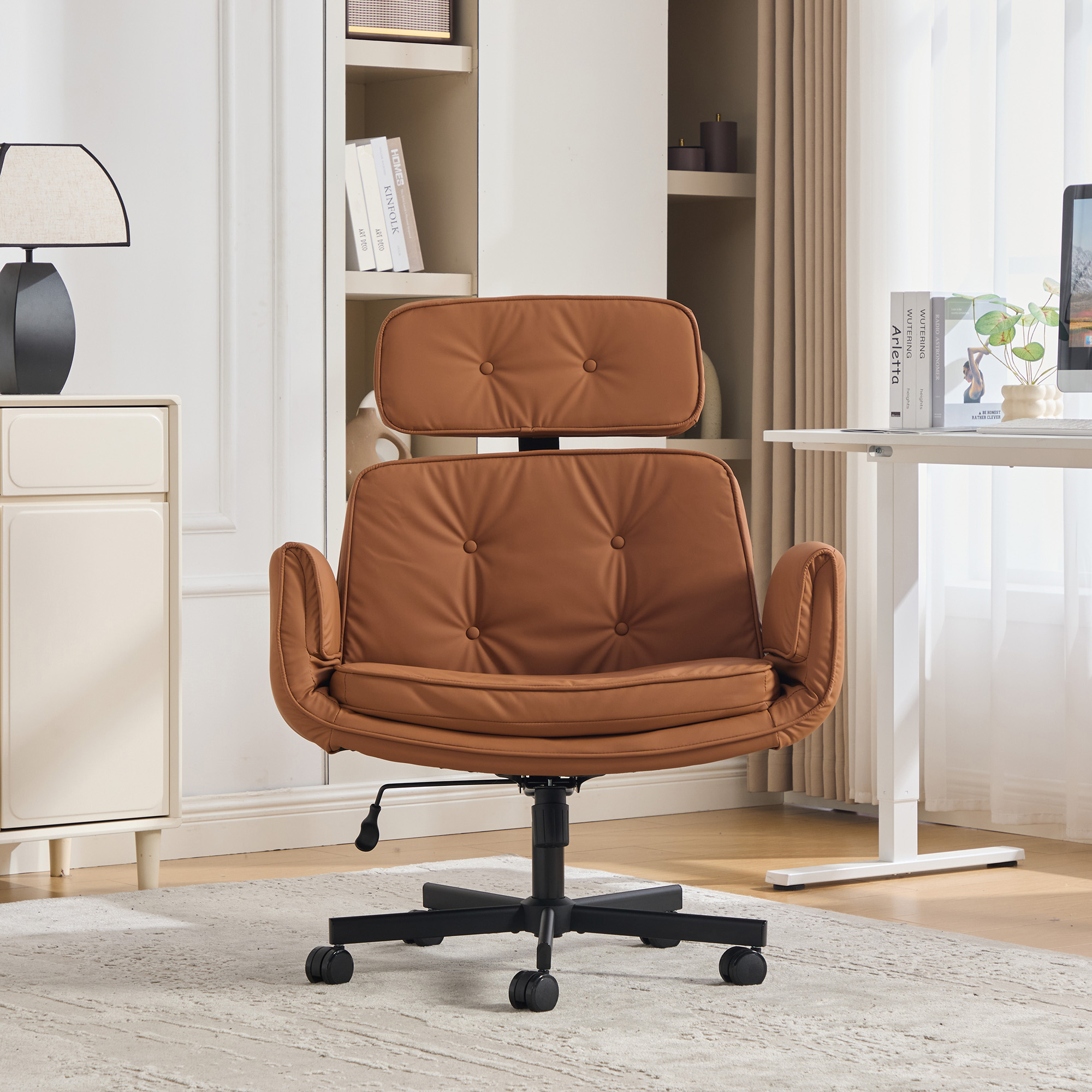 Criss Cross Chair With Adjustable Armrests & Wheels & Headrest, PU Lounge Vanity Desk Chair With Wide Seat For Cross-Legged Sitting, Swivel Task Office Chairs For Home, Makeup, Gaming, Office, Brown 3
