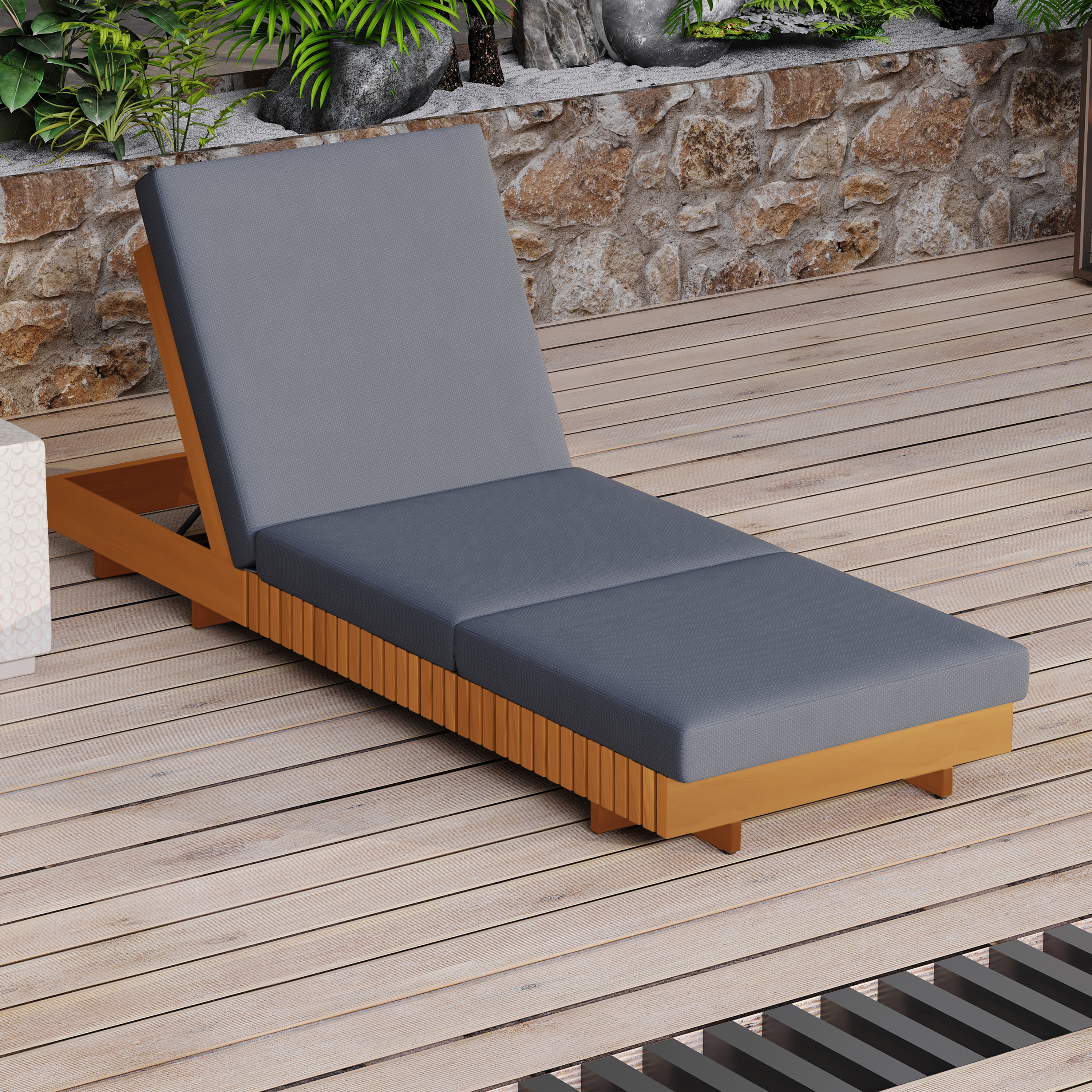 Lounge Chaise Set, Acacia Solid Wood With LOUNGE CUSHION  Dark Grey TRIPLE FOLDS  - Matching Cream Version Available