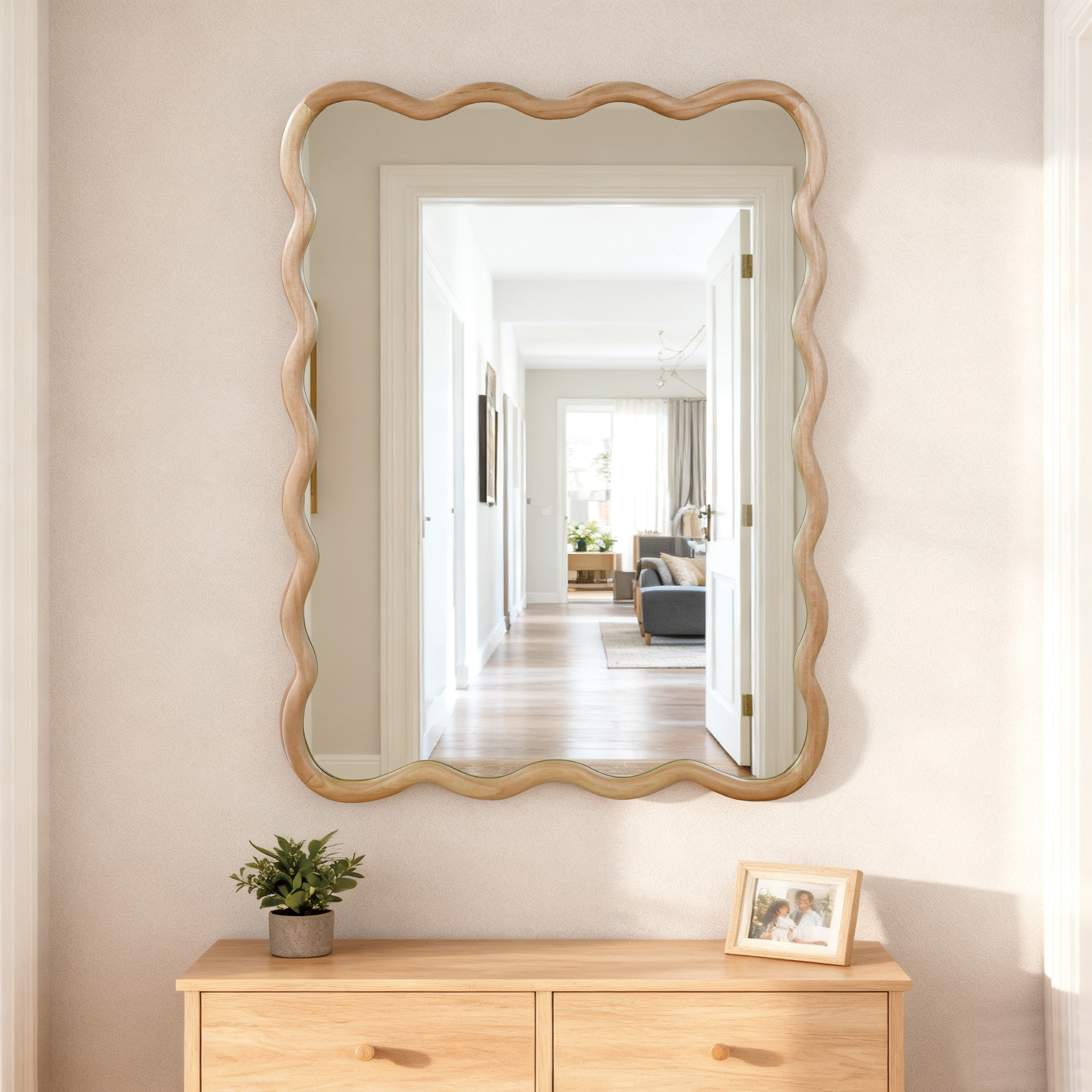 Natural Wood 30 X40  Wavy Rectangle Solid Wood Frame Decorative Mirror,For Bedroom, Bathroom, Living Room, Entryway
