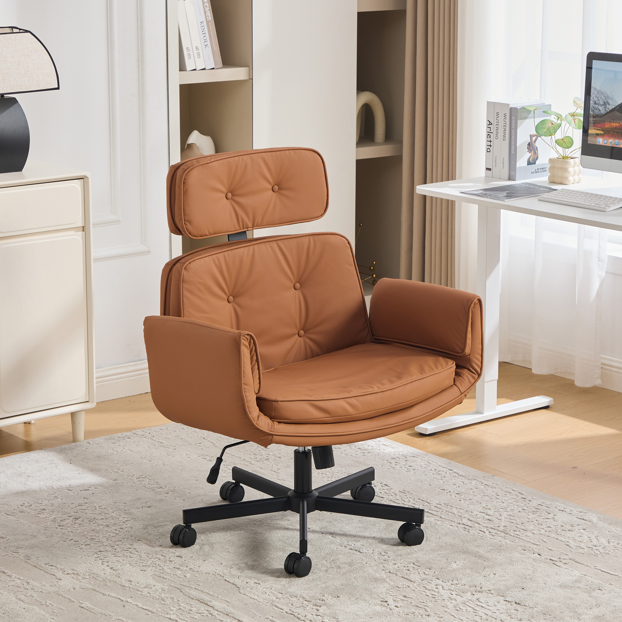 Criss Cross Chair With Adjustable Armrests & Wheels & Headrest, PU Lounge Vanity Desk Chair With Wide Seat For Cross-Legged Sitting, Swivel Task Office Chairs For Home, Makeup, Gaming, Office, Brown 5