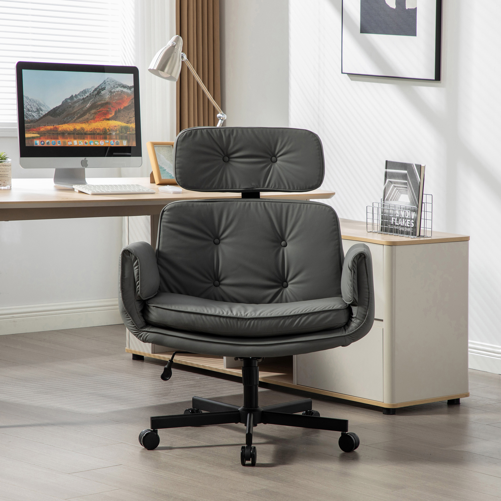 Criss Cross Chair With Adjustable Armrests & Wheels & Headrest, PU Lounge Vanity Desk Chair With Wide Seat For Cross-Legged Sitting, Swivel Task Office Chairs For Home, Makeup, Gaming, Office, Gray 4