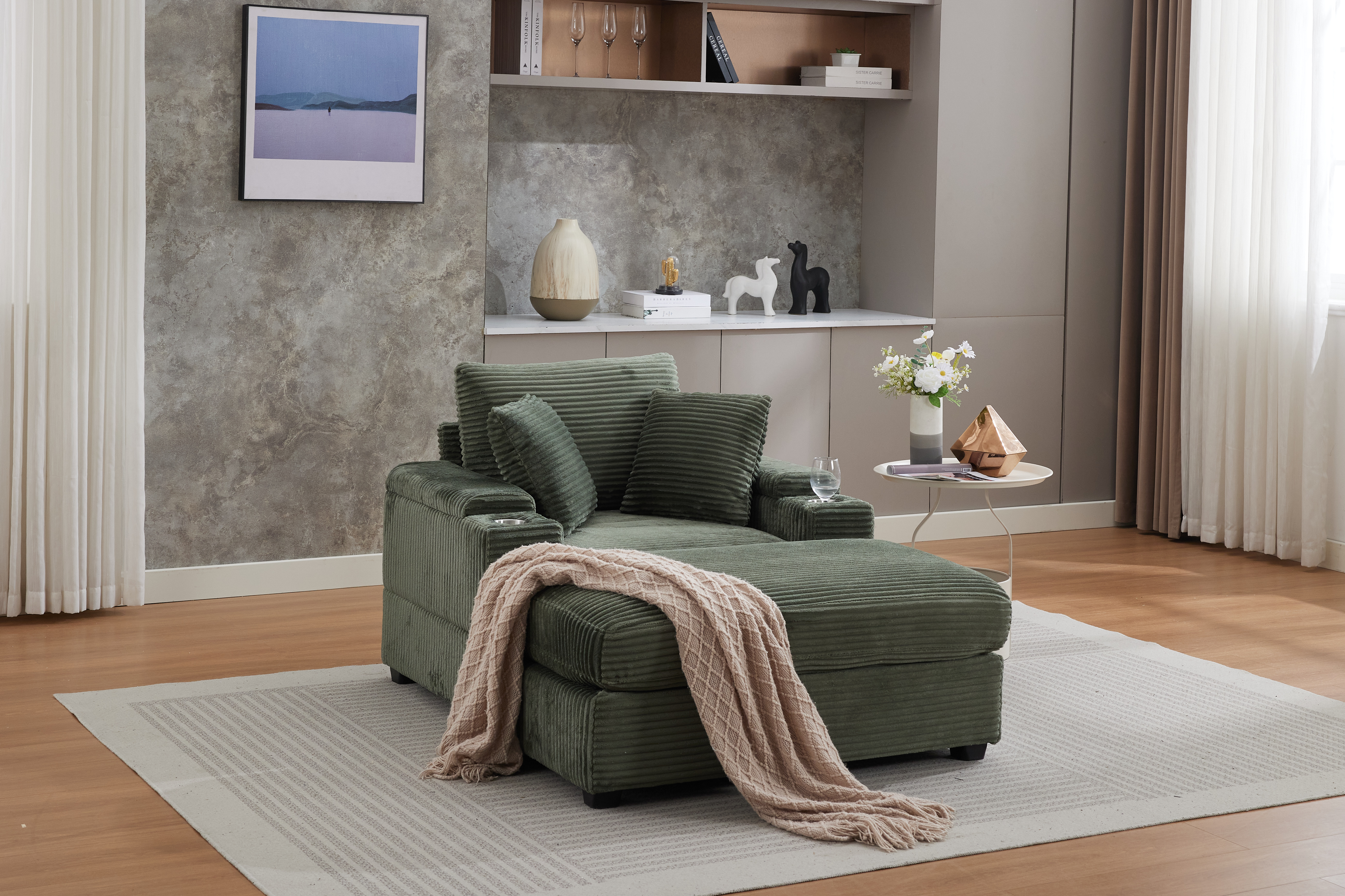 VIDEO New Corduroy Upholstered Chaise Lounge Sofa With Handrail Storage,Movable Ottoman,Cupholders,Detachable Cushions Deep Seat For Living Room Office,3 Colour,Wide Stripe Corduroy