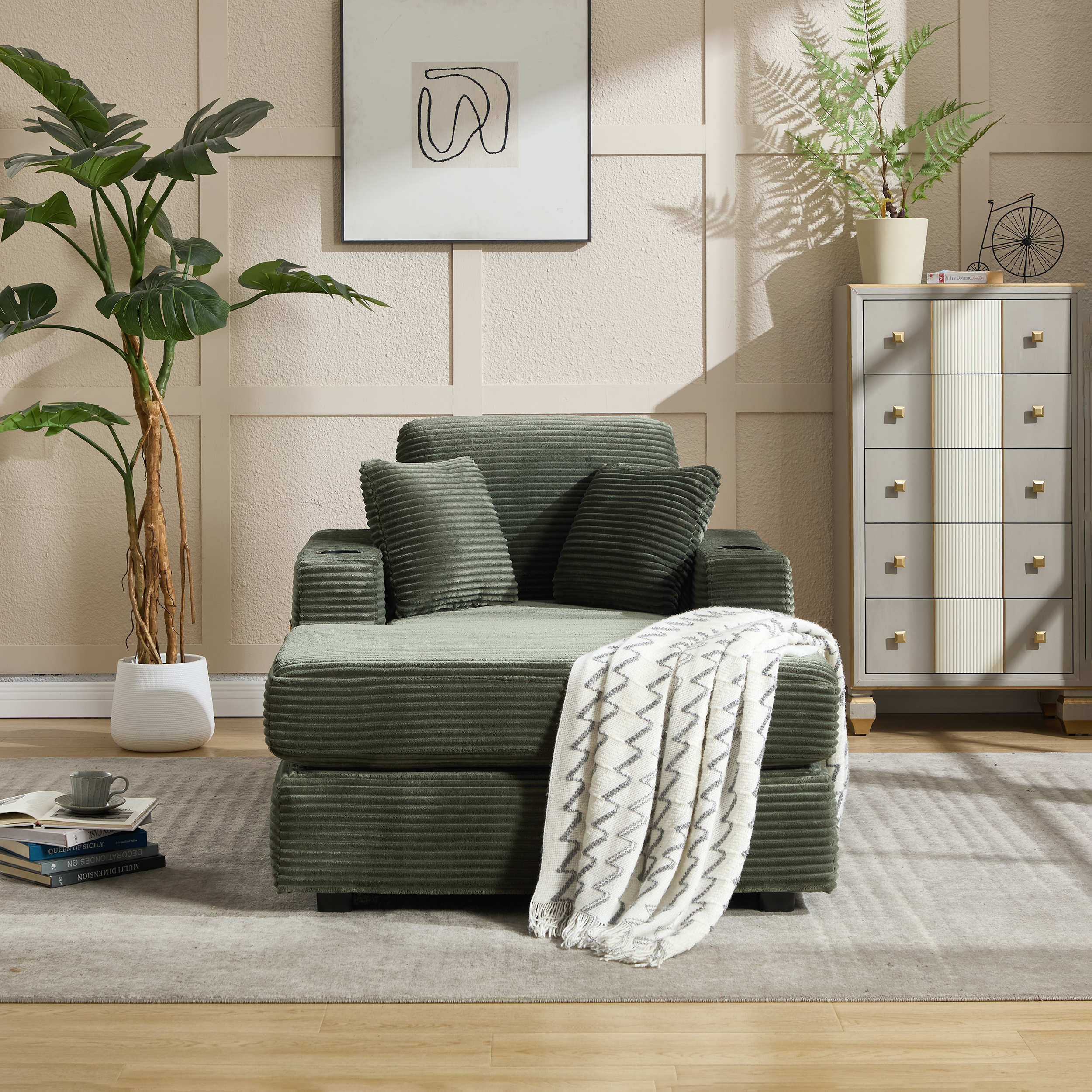New Corduroy Upholstered Chaise Lounge Sofa,Magazine Bag,Detachable Cushions Deep Seat For Living Room Office,3 Colour